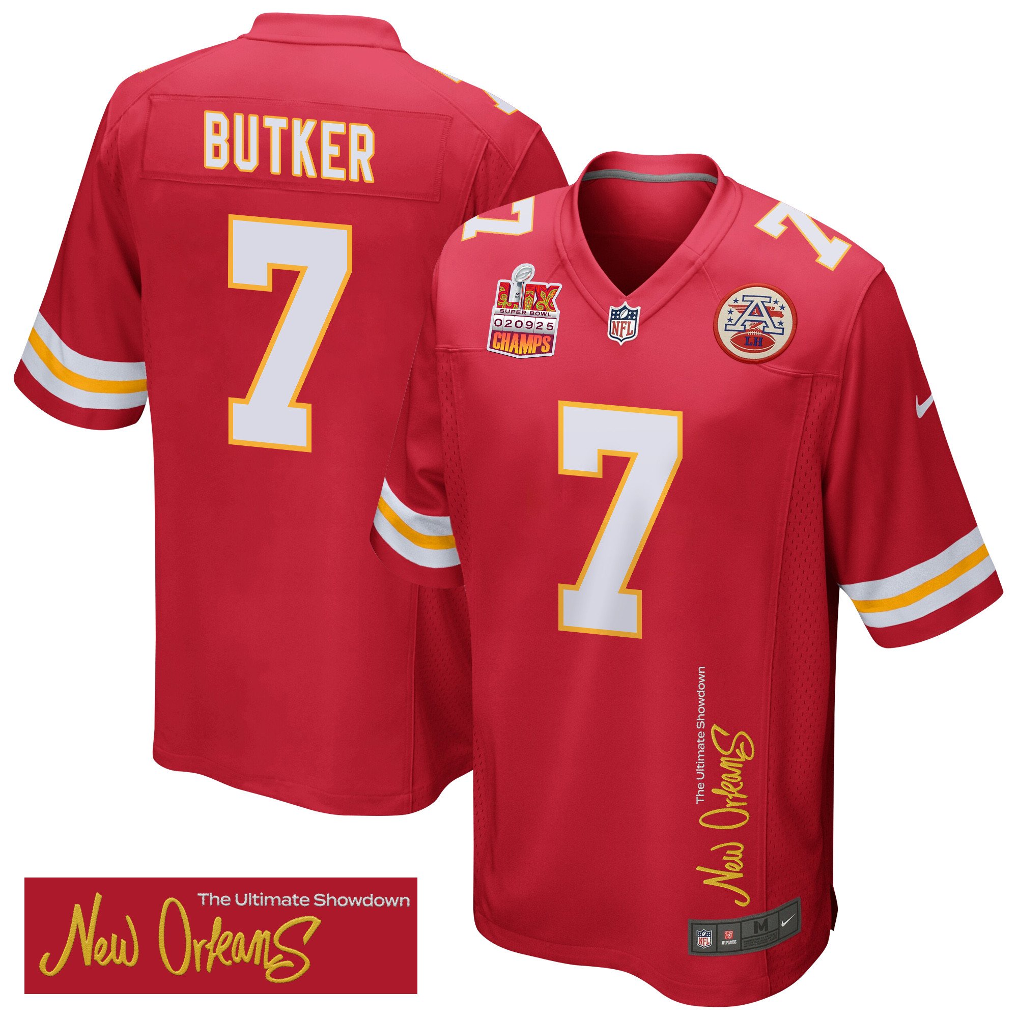 Harrison Butker 7 Kansas City Chiefs Super Bowl LIX Champions Patch New Orleans The Ultimate Showdown' EMBROIDERED Game Red NFL Jersey Men's