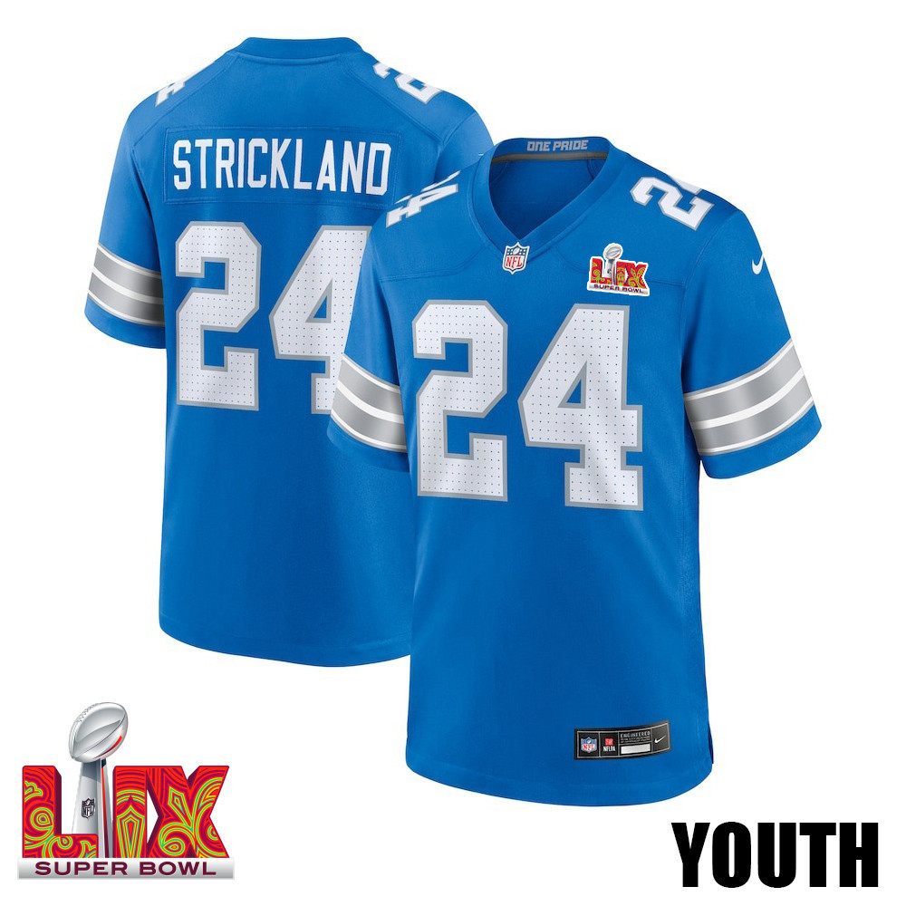 Loren Strickland #24 Detroit Lions Super Bowl LIX Blue NFL Jersey Youth