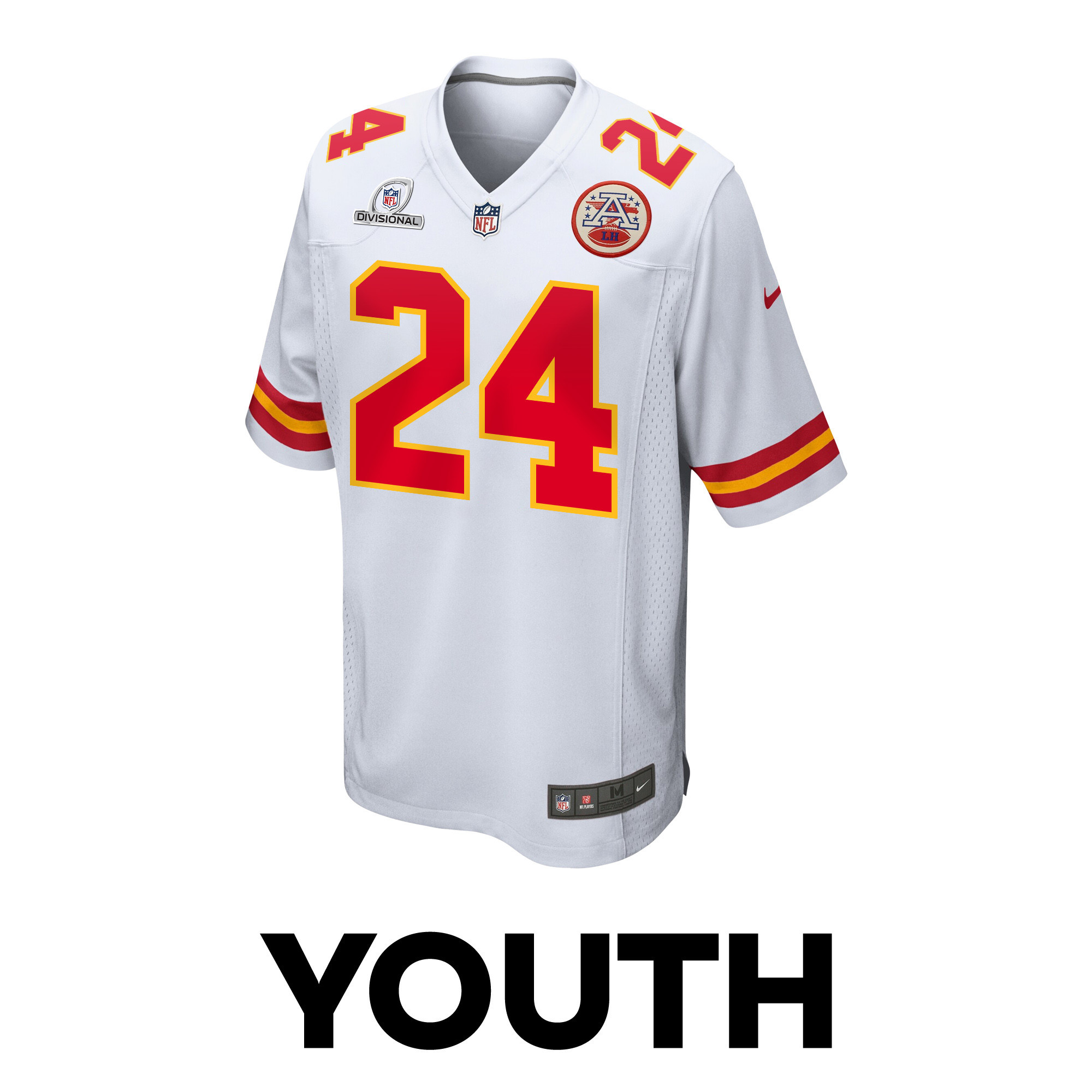 Skyy Moore 24 Kansas City Chiefs Super Bowl LVIII Patch Game White NFL Jersey Youth