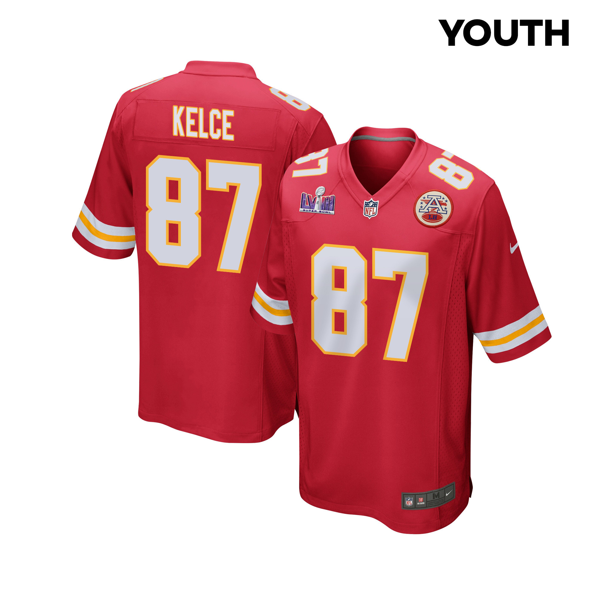 Travis Kelce 87 Kansas City Chiefs Super Bowl LVIII Patch Game Red NFL Jersey Youth