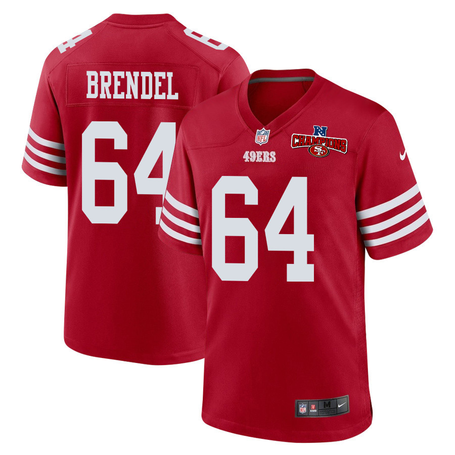 Jake Brendel 64 San Francisco 49ers NFC Champions Patch Game Scarlet NFL Jersey Men's