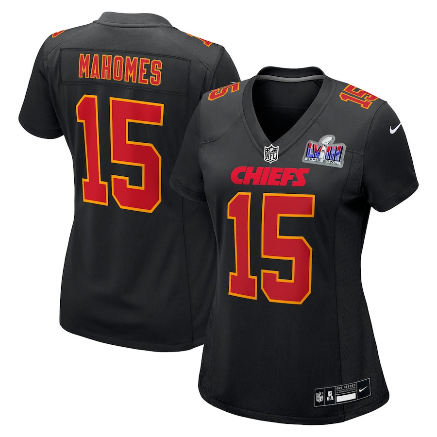 Patrick Mahomes 15 Kansas City Chiefs Super Bowl LVIII Fashion Game Carbon Black NFL Jersey Women's