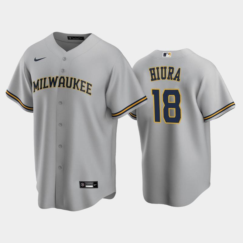 Milwaukee Brewers 18 Keston Hiura Road Gray MLB Jersey Men's