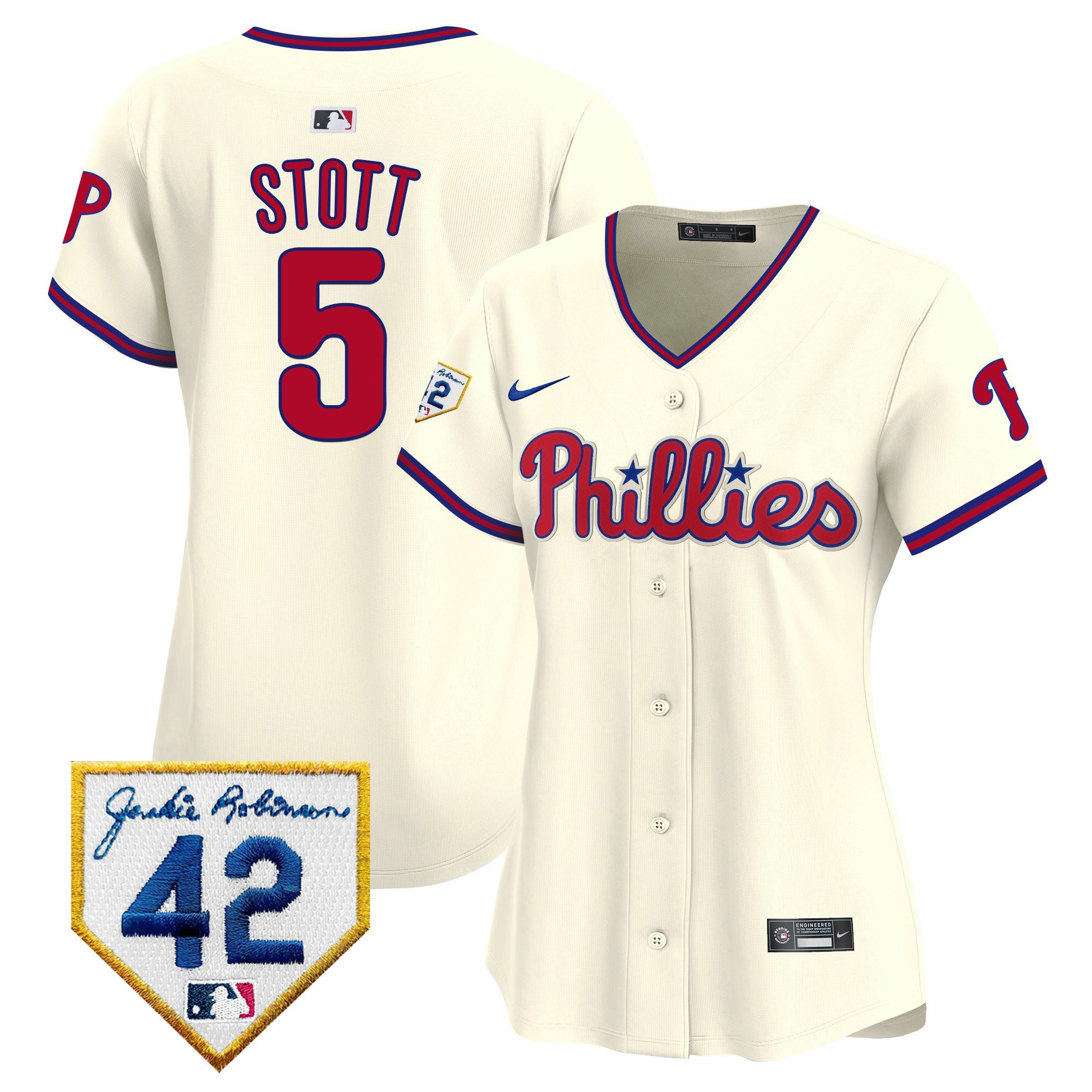 Bryson Stott 5 Philadelphia Phillies 2024 Jackie Robinson Patch Cream MLB Jersey Women's