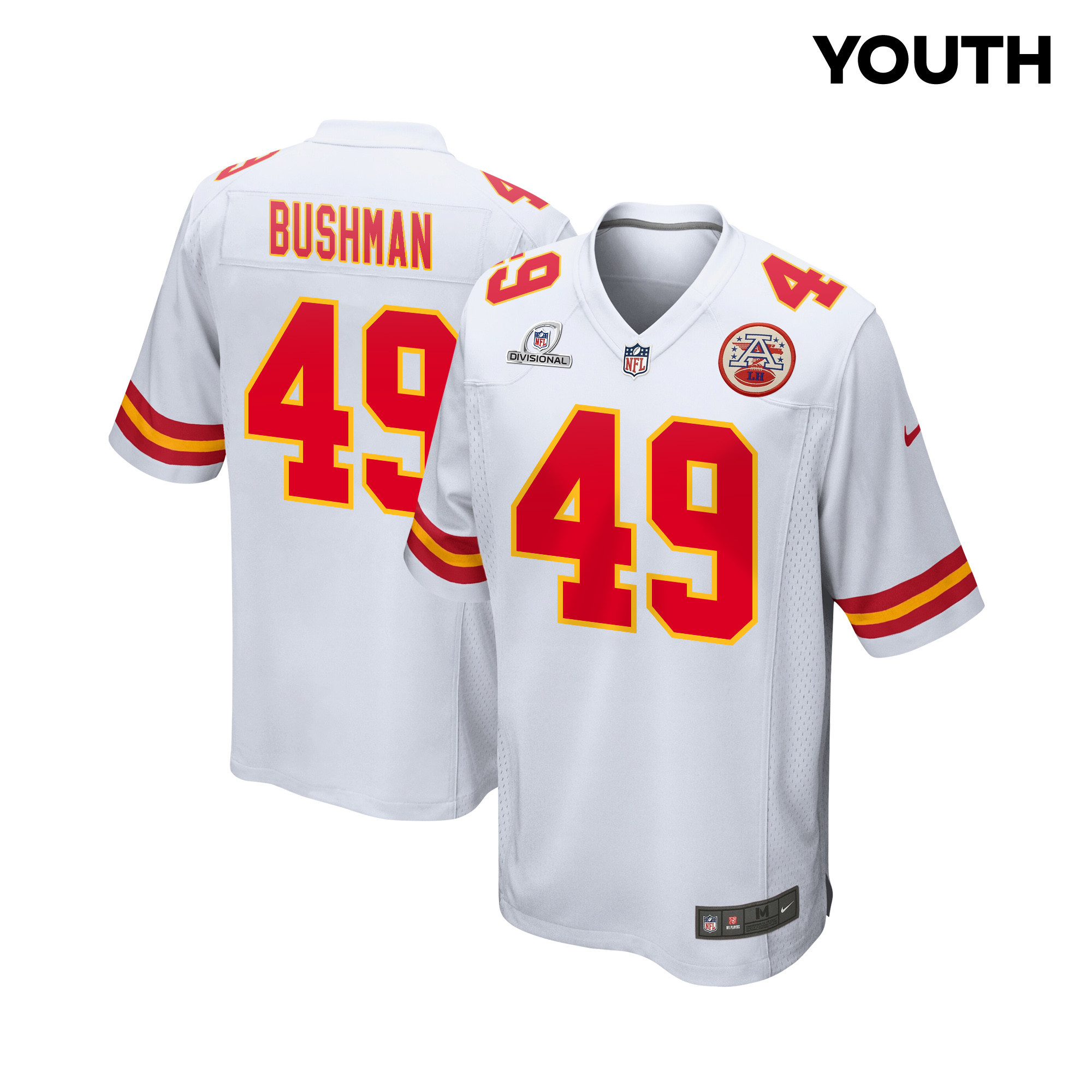 Matt Bushman 49 Kansas City Chiefs Super Bowl LVIII Patch Game White NFL Jersey Youth