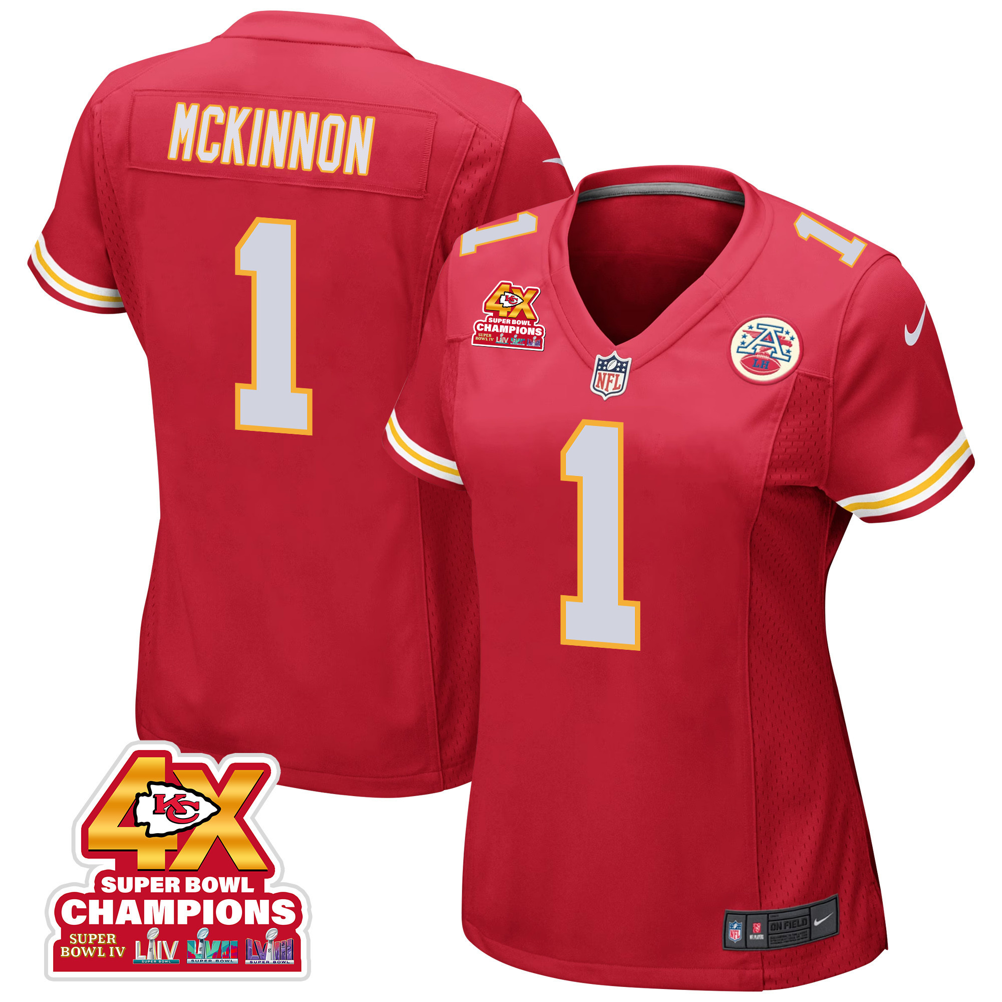 Jerick McKinnon 1 Kansas City Chiefs Super Bowl LVIII Champions 4X Game Red NFL Jersey Women's