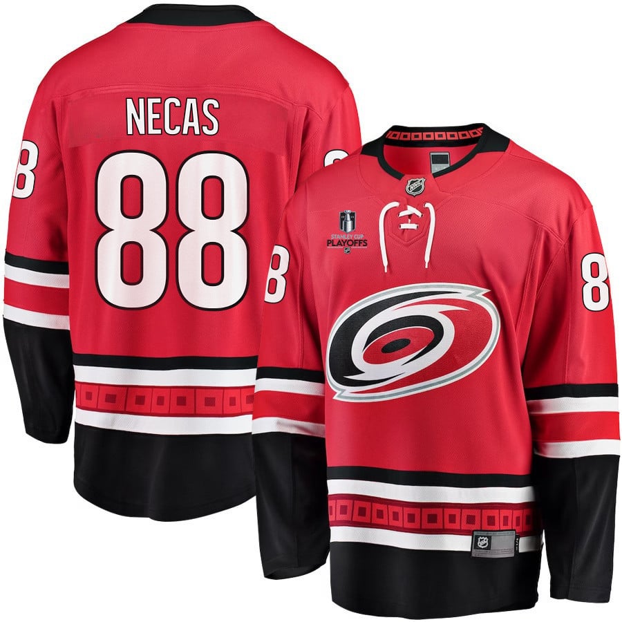Martin Necas 88 Carolina Hurricanes Stanley Cup 2023 Playoffs Patch Home Breakaway Red NHL Jersey Men's