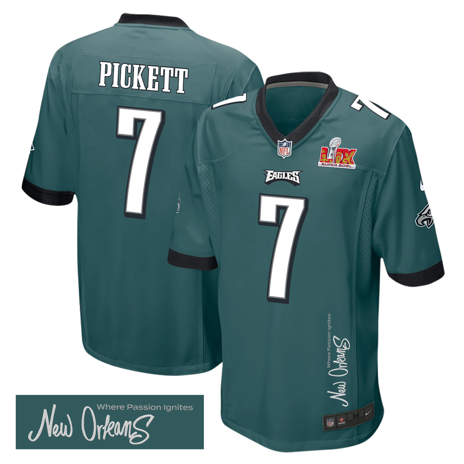 Kenny Pickett 7 Philadelphia Eagles Super Bowl LIX New Orleans Where Passion Ignites' EMBROIDERED Game Midnight Green NFL Jersey Men's