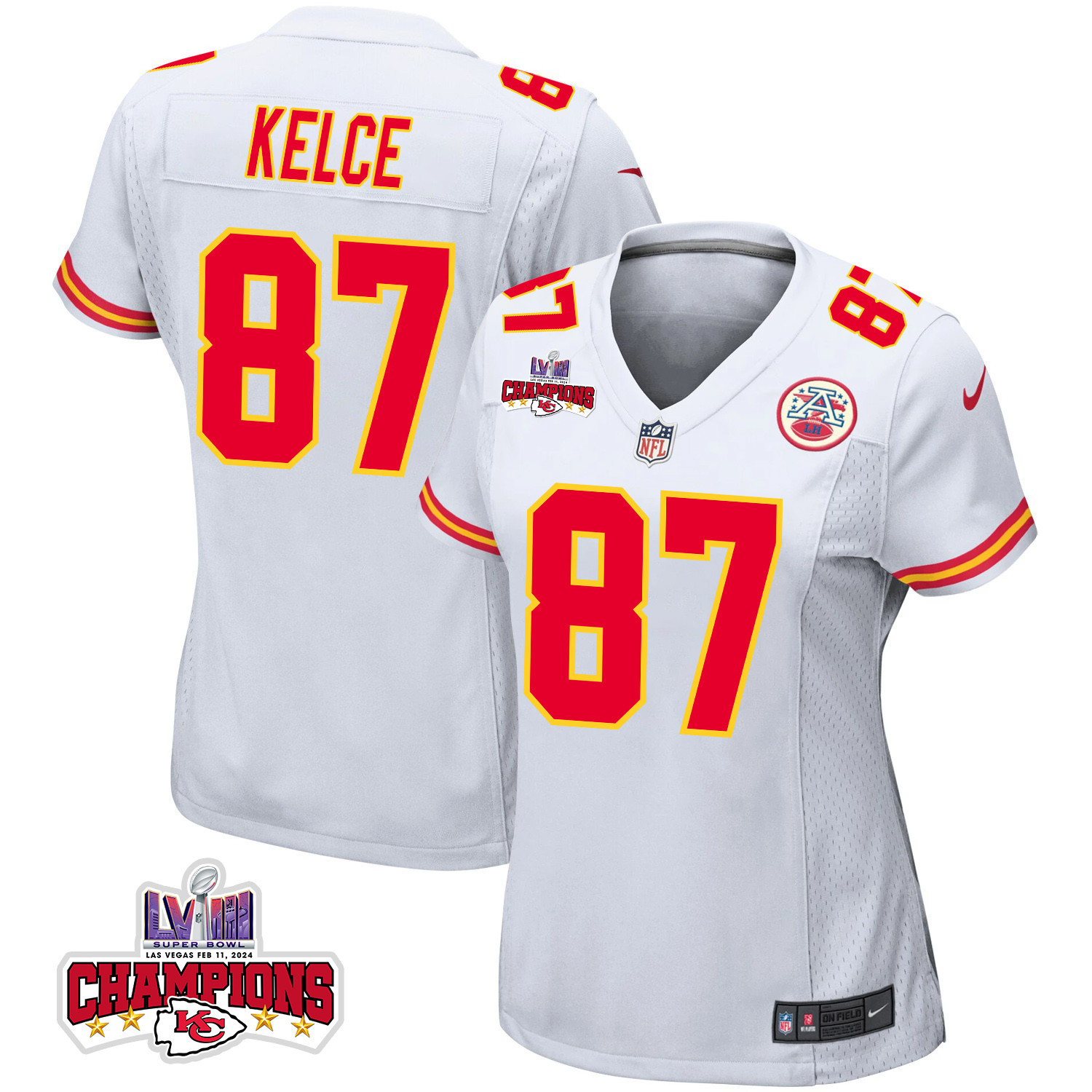 Travis Kelce 87 Kansas City Chiefs Super Bowl LVIII Champions 4 Stars Patch Game White NFL Jersey Women's