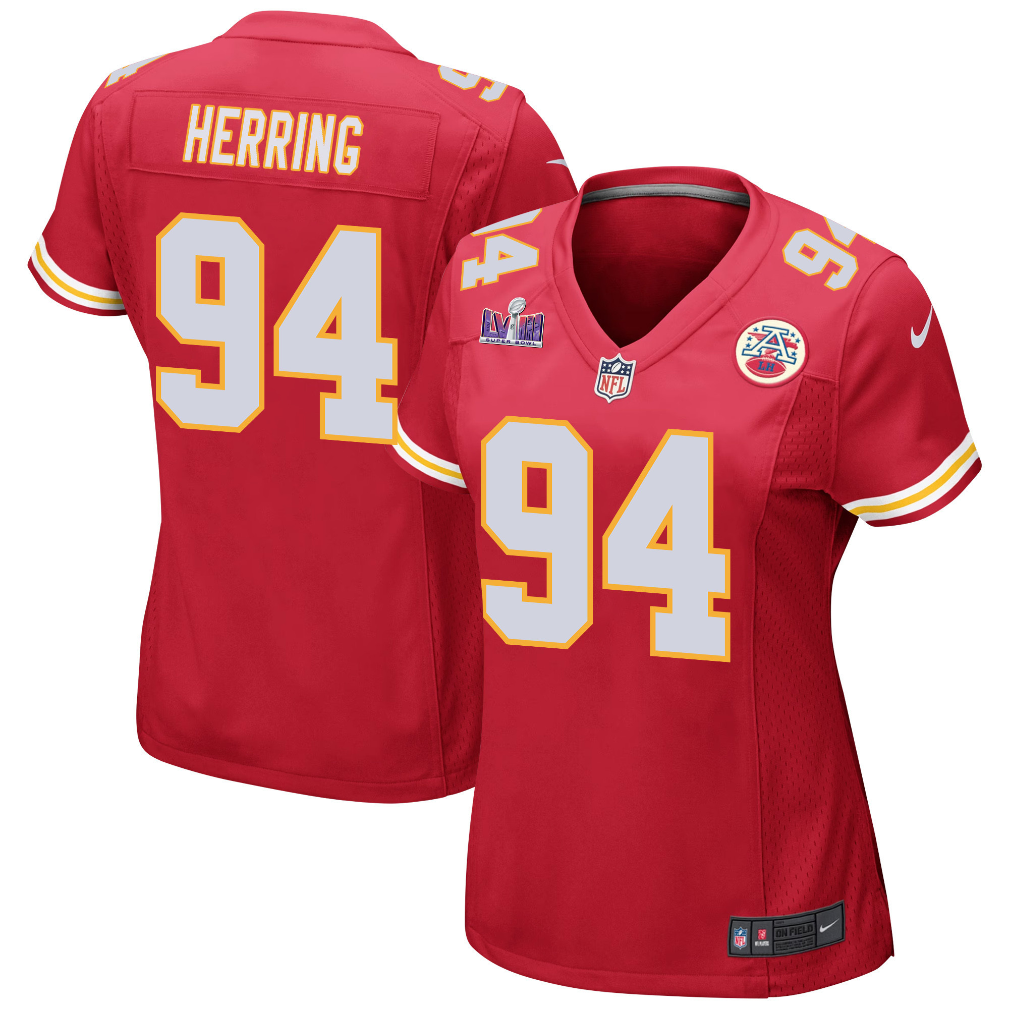 Malik Herring 94 Kansas City Chiefs Super Bowl LVIII Patch Game Red NFL Jersey Women's