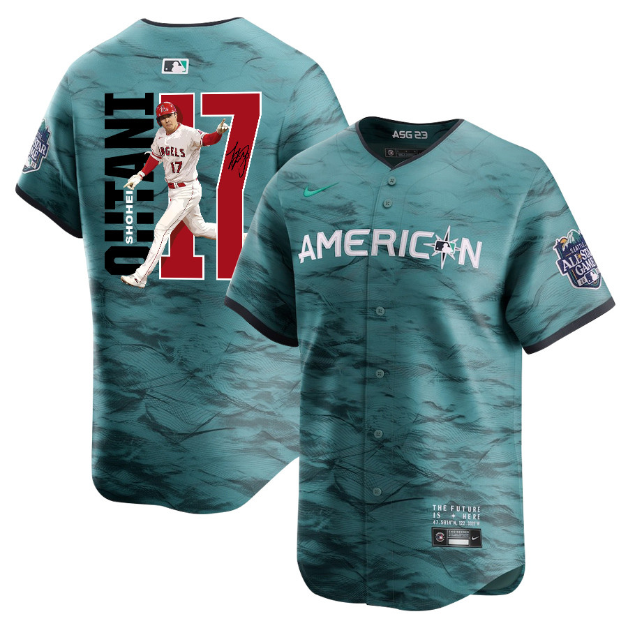 Shohei Ohtani 17 Los Angeles Angels Signed Run 2023 All Star Game Limited Player Teal MLB Jersey Men's