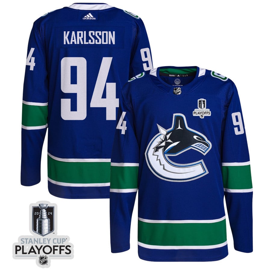 Linus Karlsson 94 Vancouver Canucks 2024 Playoffs Patch Home Blue NHL Jersey Men's