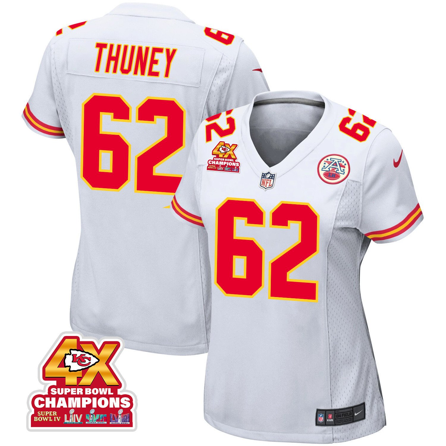 Joe Thuney 62 Kansas City Chiefs Super Bowl LVIII Champions 4X Game White NFL Jersey Women's