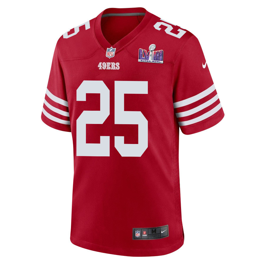 Elijah Mitchell 25 San Francisco 49ers Super Bowl LVIII Patch Game Scarlet NFL Jersey Men's