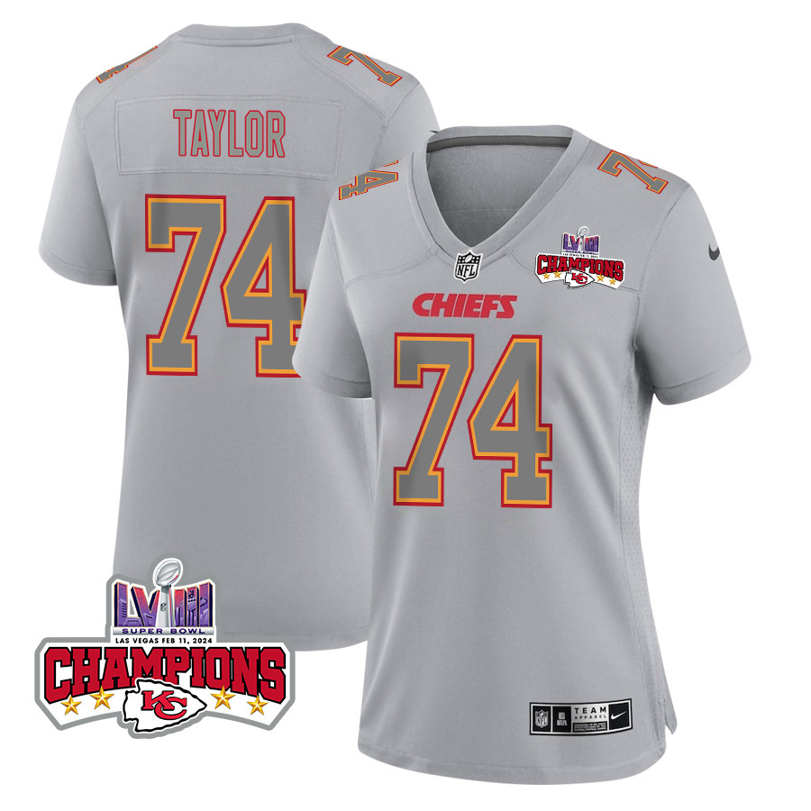 Jawaan Taylor 74 Kansas City Chiefs Super Bowl LVIII Champions 4 Stars Patch Atmosphere Fashion Game Gray NFL Jersey Women's