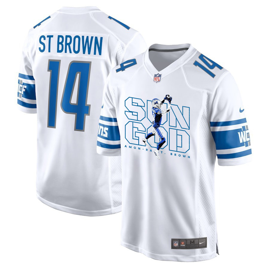 Amon-Ra St. Brown 14 Detroit Lions Sun God Game White NFL Jersey Men's