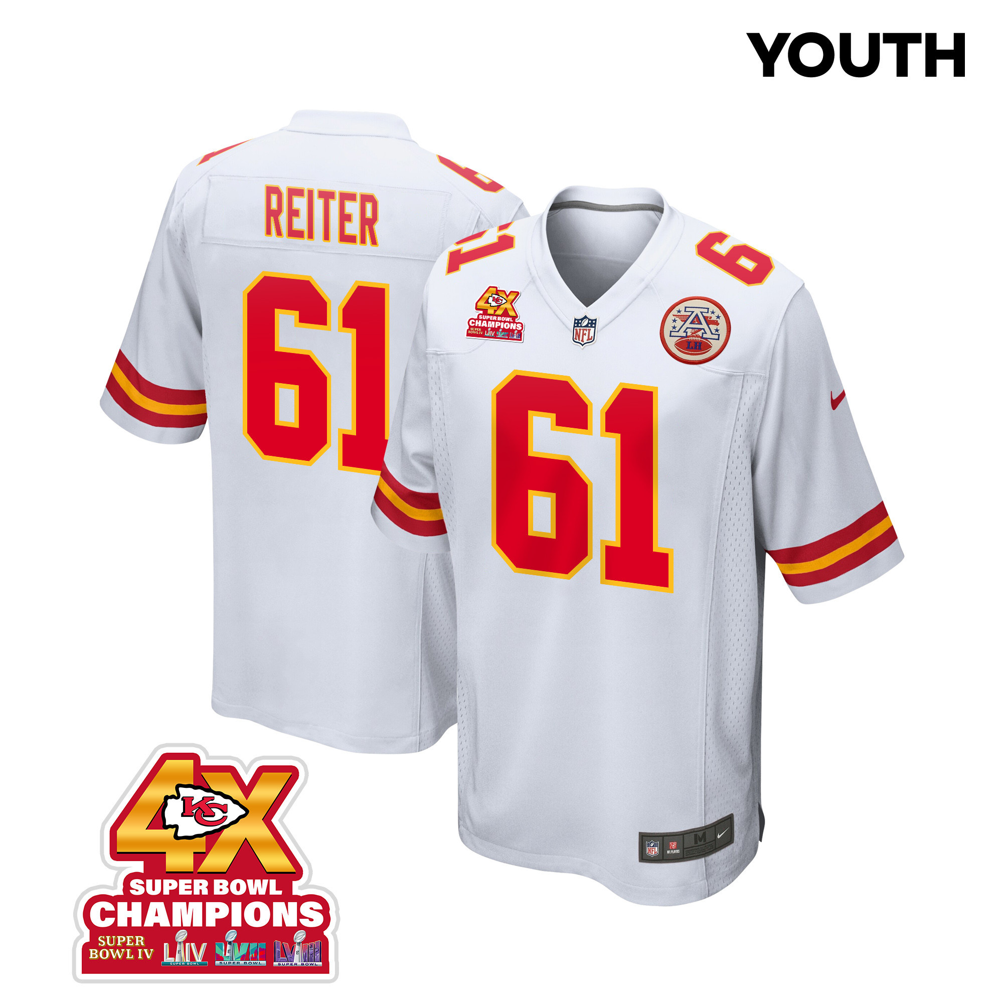 Austin Reiter 61 Kansas City Chiefs Super Bowl LVIII Champions 4X Game White NFL Jersey Youth