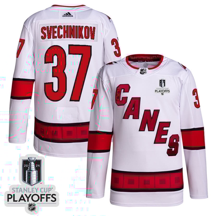 Andrei Svechnikov 37 Carolina Hurricanes 2024 Playoffs Patch Away White NHL Jersey Men's