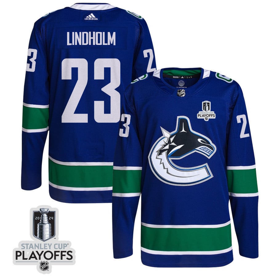 Elias Lindholm 23 Vancouver Canucks 2024 Playoffs Patch Home Blue NHL Jersey Men's