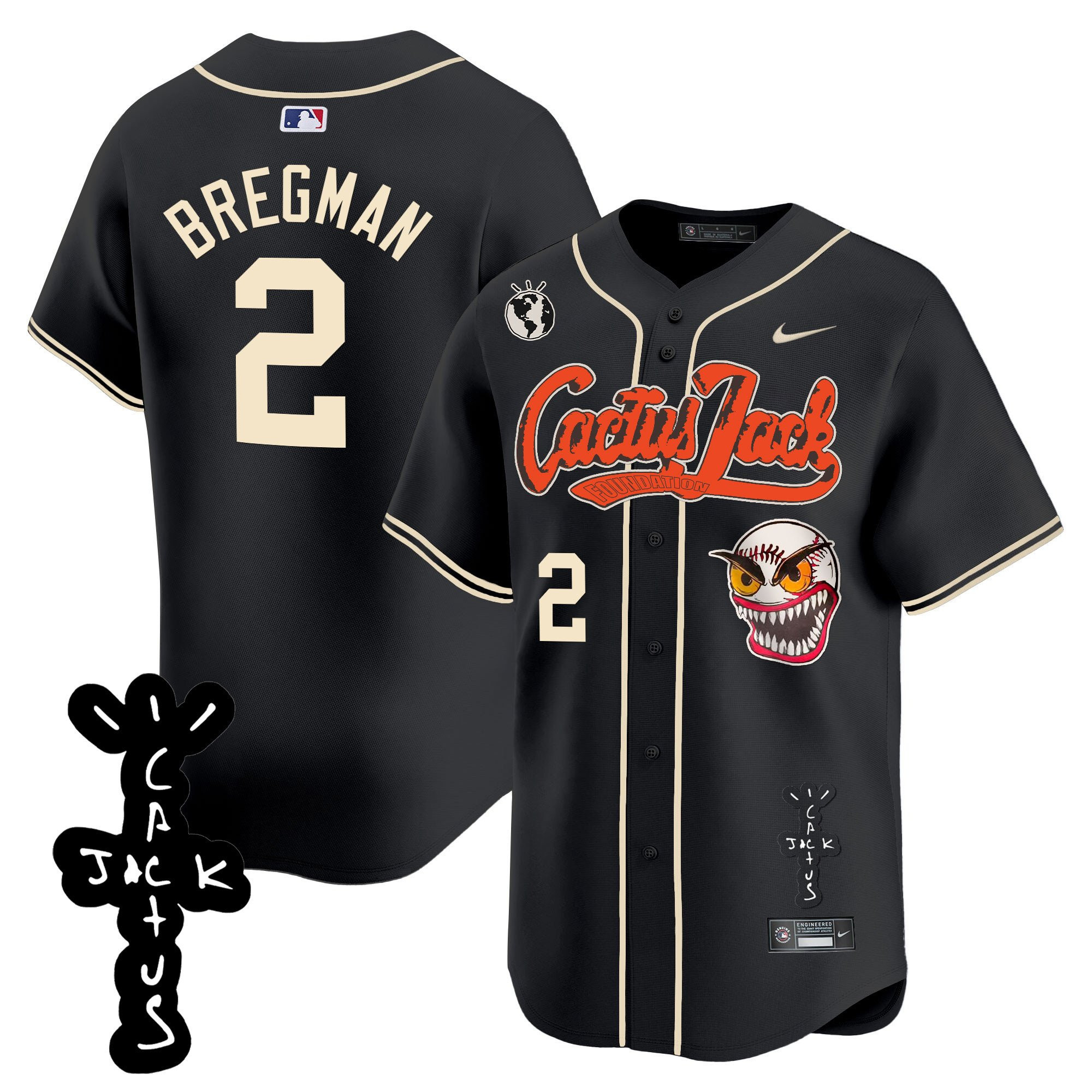 Alex Bregman 2 Houston Astros Cactus Jack Patch V2 Black MLB Jersey Men's