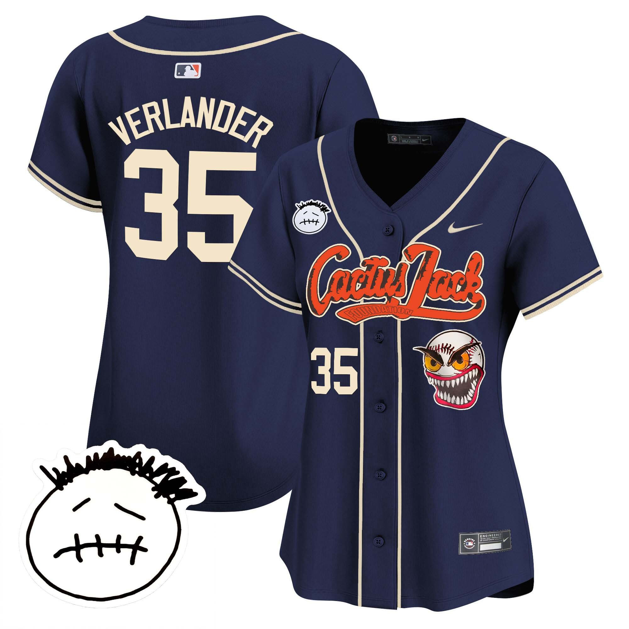 Justin Verlander 35 Houston Astros Cactus Jack Patch V3 Navy MLB Jersey Women's