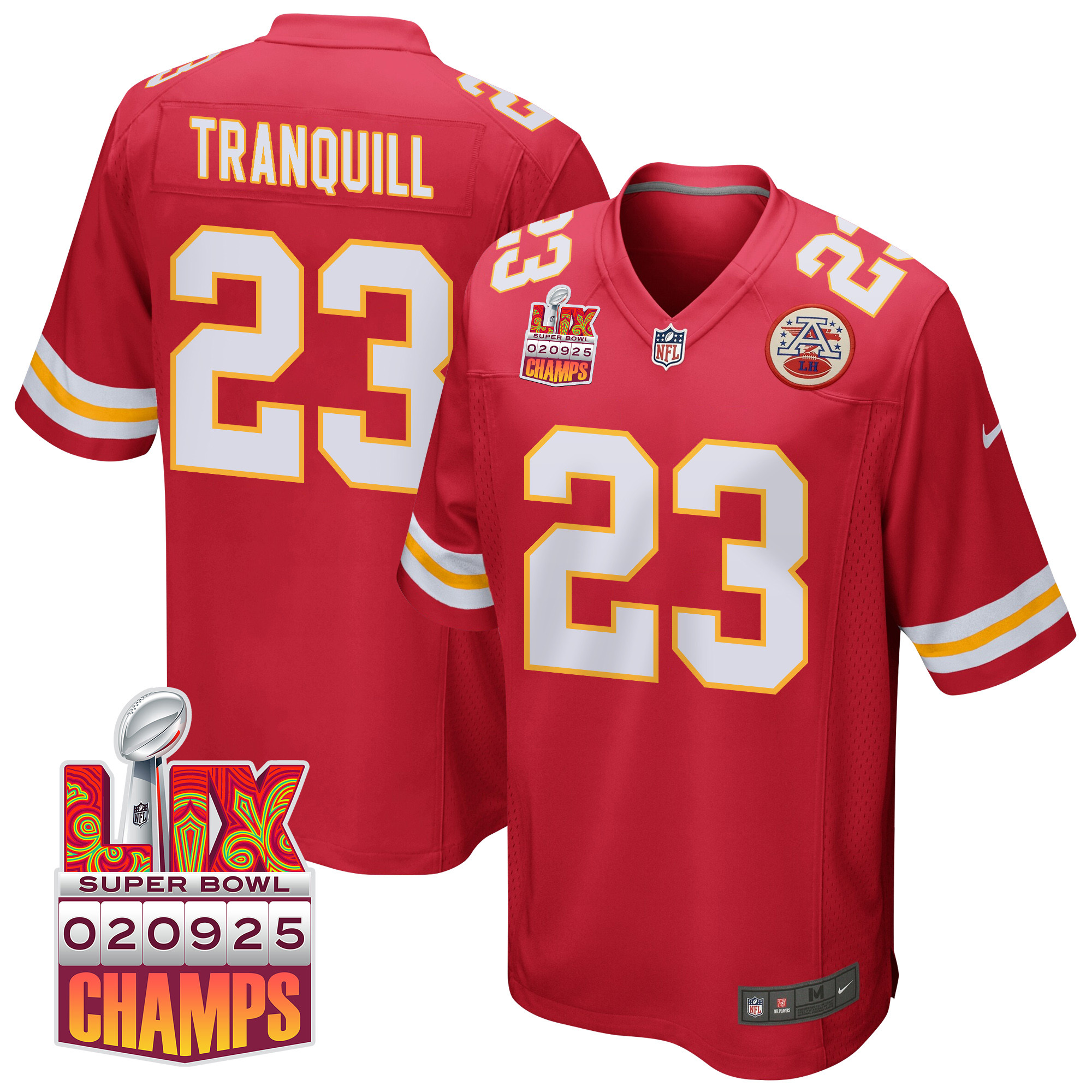 Drue Tranquill 23 Kansas City Chiefs Super Bowl LIX Champions Patch Game Red NFL Jersey Men's