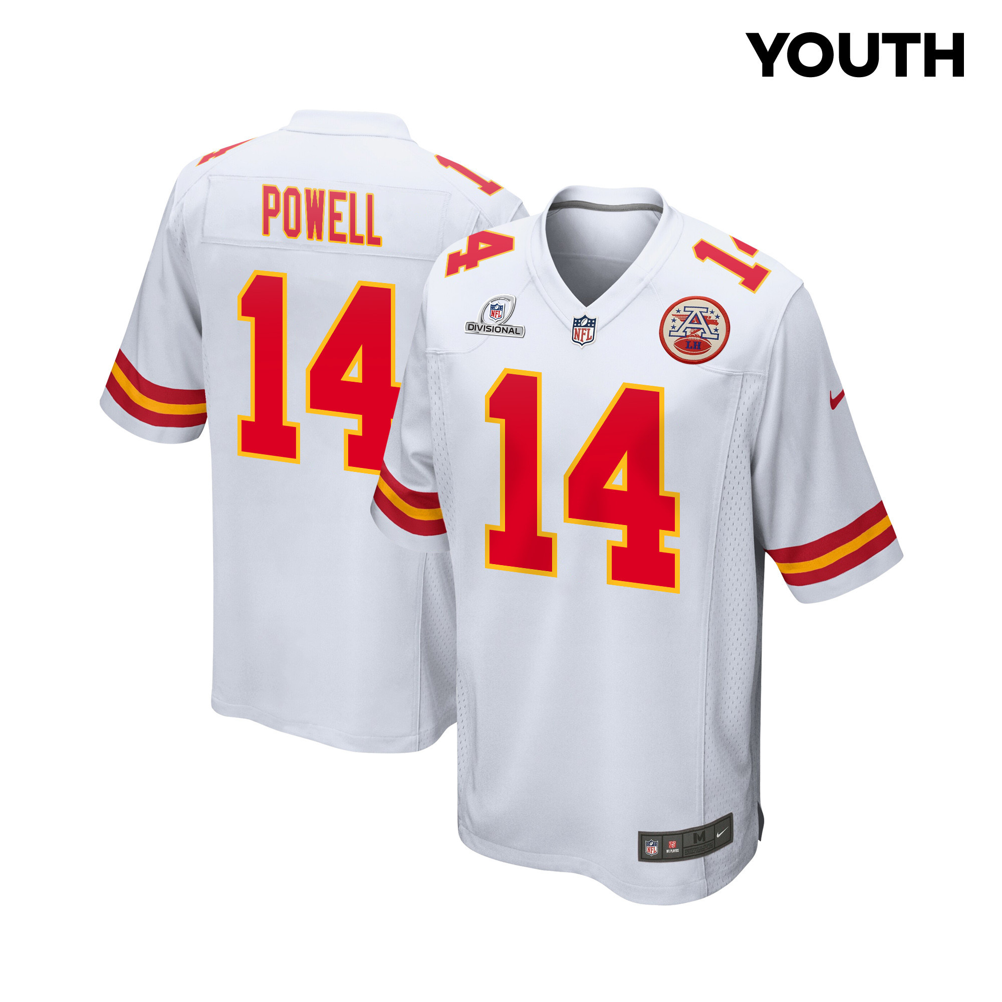 Cornell Powell 14 Kansas City Chiefs Super Bowl LVIII Patch Game White NFL Jersey Youth