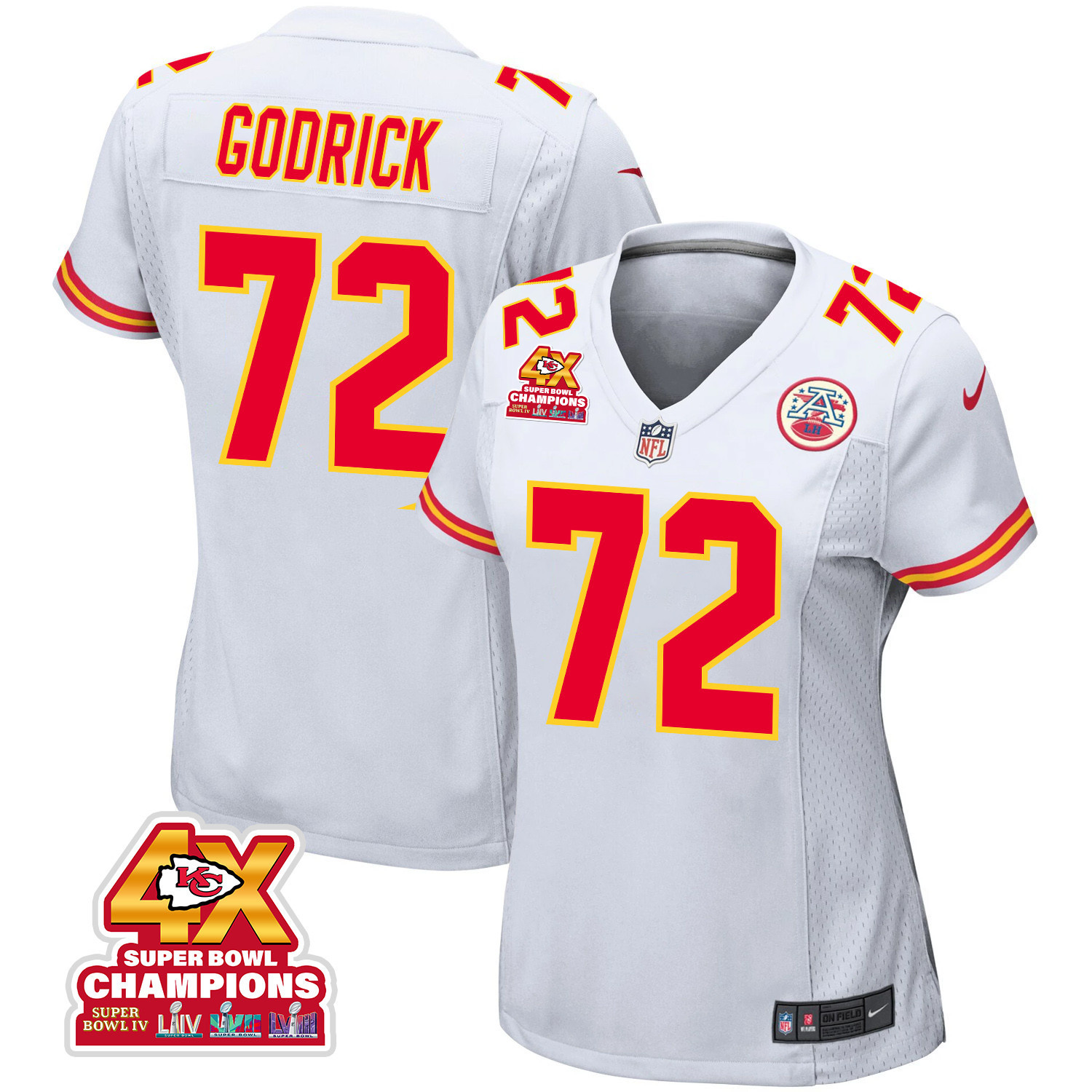 Chukwuebuka Godrick 72 Kansas City Chiefs Super Bowl LVIII Champions 4X Game White NFL Jersey Women's