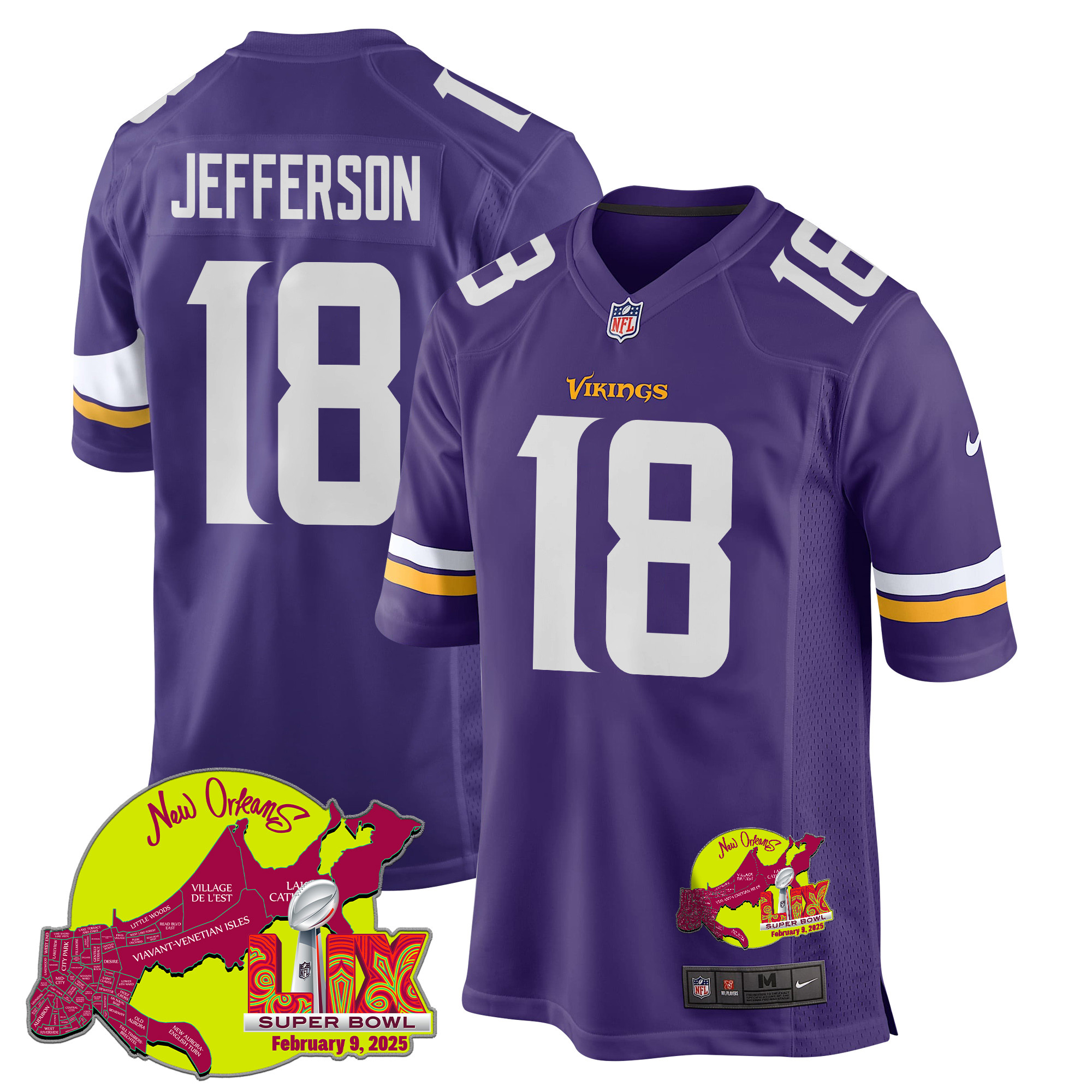 Justin Jefferson 18 Minnesota Vikings Super Bowl LIX New Orleans Patch Game Purple NFL Jersey Men's