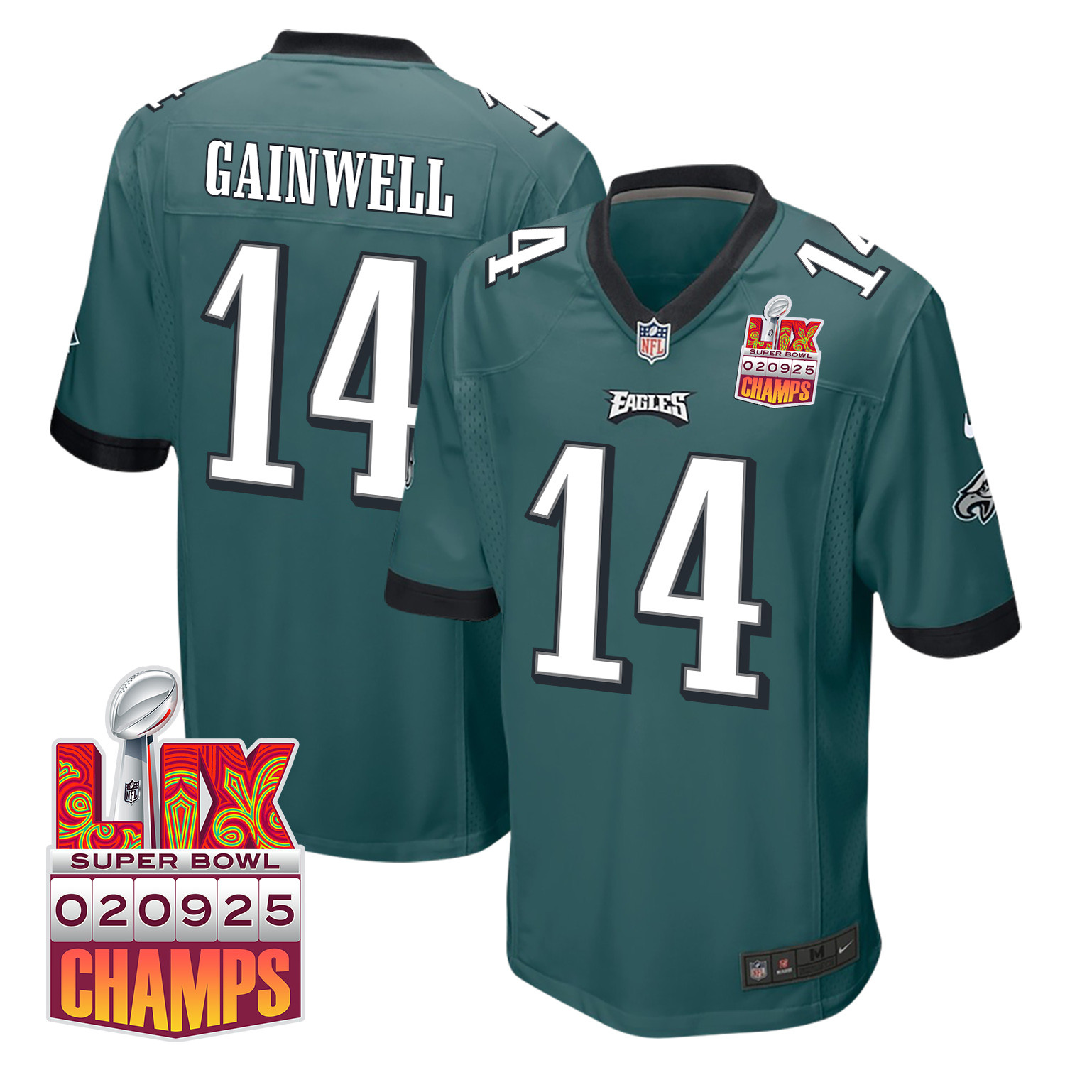 Kenneth Gainwell 14 Philadelphia Eagles Super Bowl LIX Champions Patch Game Midnight Green NFL Jersey Men's