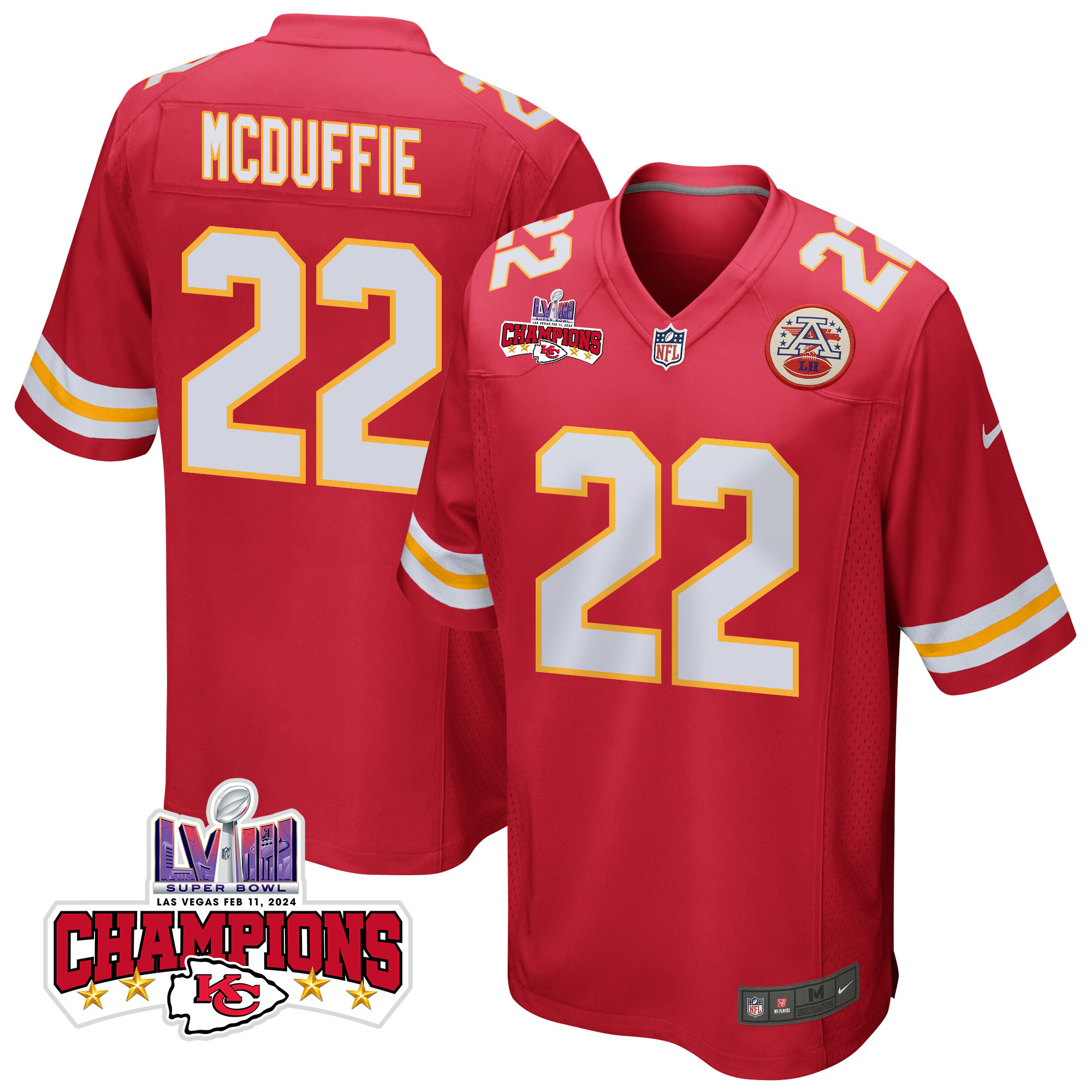 Trent McDuffie 22 Kansas City Chiefs Super Bowl LVIII Champions 4 Stars Patch Game Red NFL Jersey Men's
