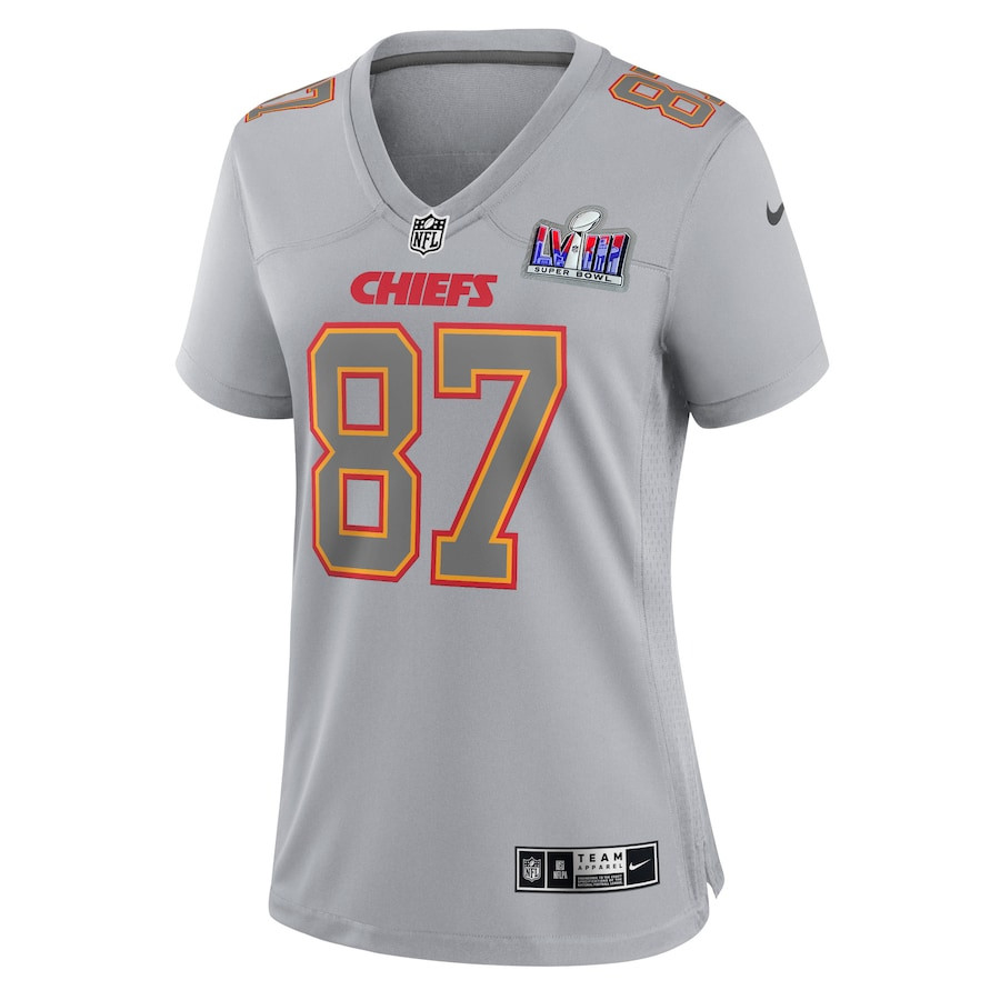 Travis Kelce 87 Kansas City Chiefs Super Bowl LVIII Atmosphere Fashion Game Gray NFL Jersey Women's