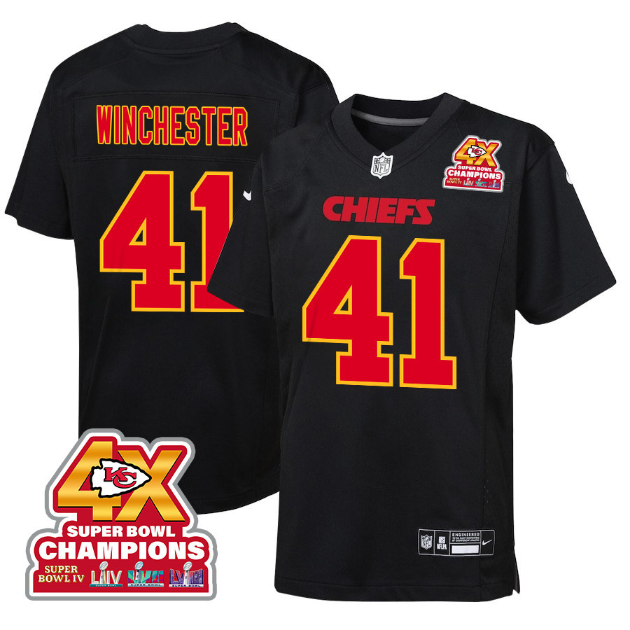 James Winchester 41 Kansas City Chiefs Super Bowl LVIII Champions 4X Fashion Game Carbon Black NFL Jersey Youth