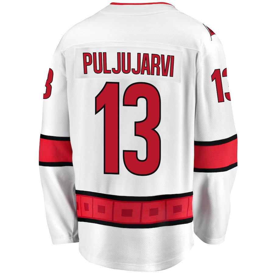 Jesse Puljujarvi 13 Carolina Hurricanes Stanley Cup 2023 Playoffs Patch Away Breakaway White NHL Jersey Men's
