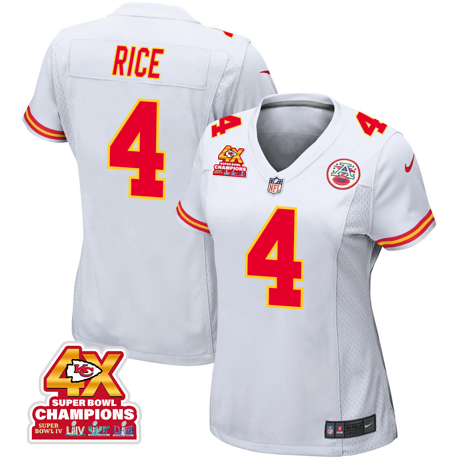 Rashee Rice 4 Kansas City Chiefs Super Bowl LVIII Champions 4X Game White NFL Jersey Women's