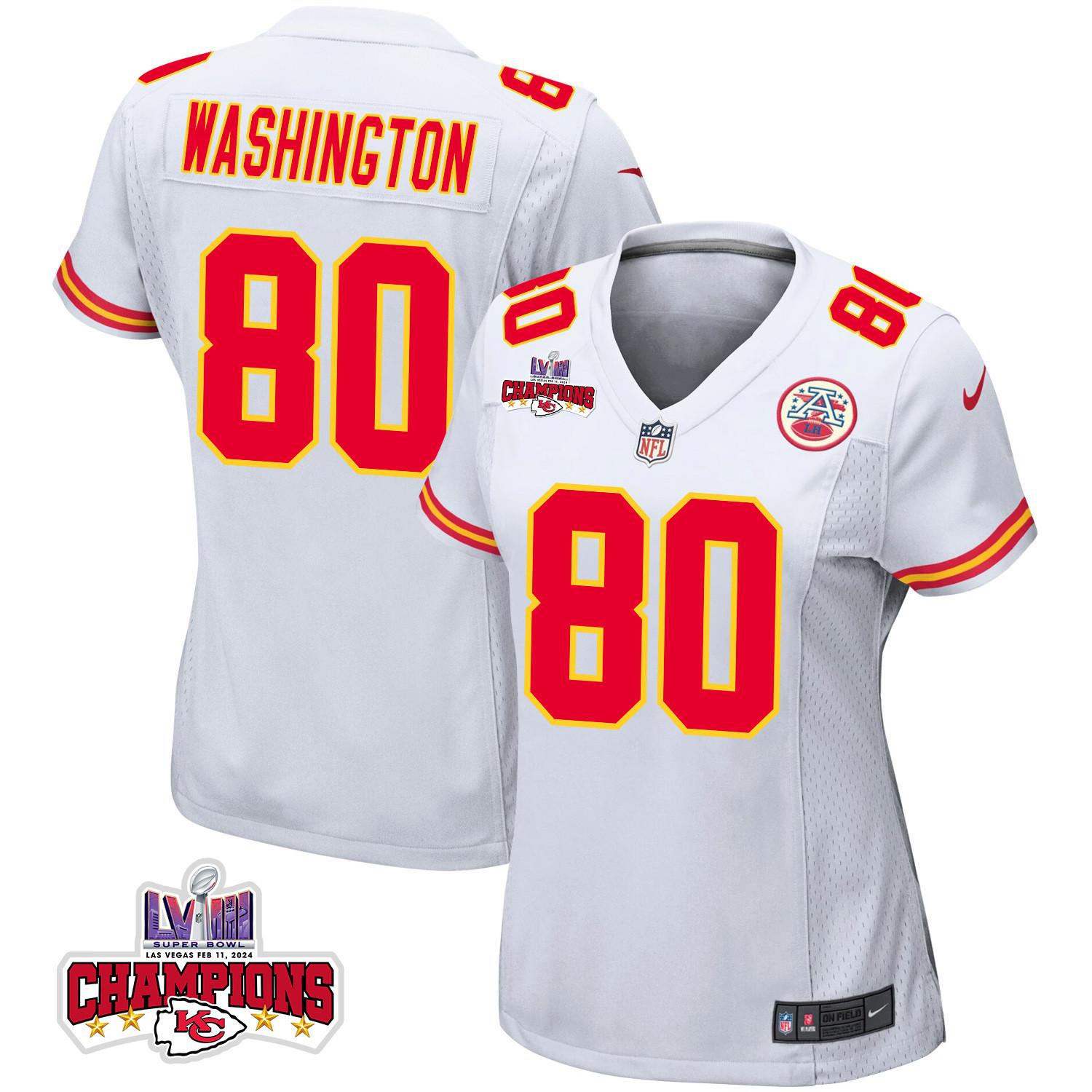 Montrell Washington 80 Kansas City Chiefs Super Bowl LVIII Champions 4 Stars Patch Game White NFL Jersey Women's