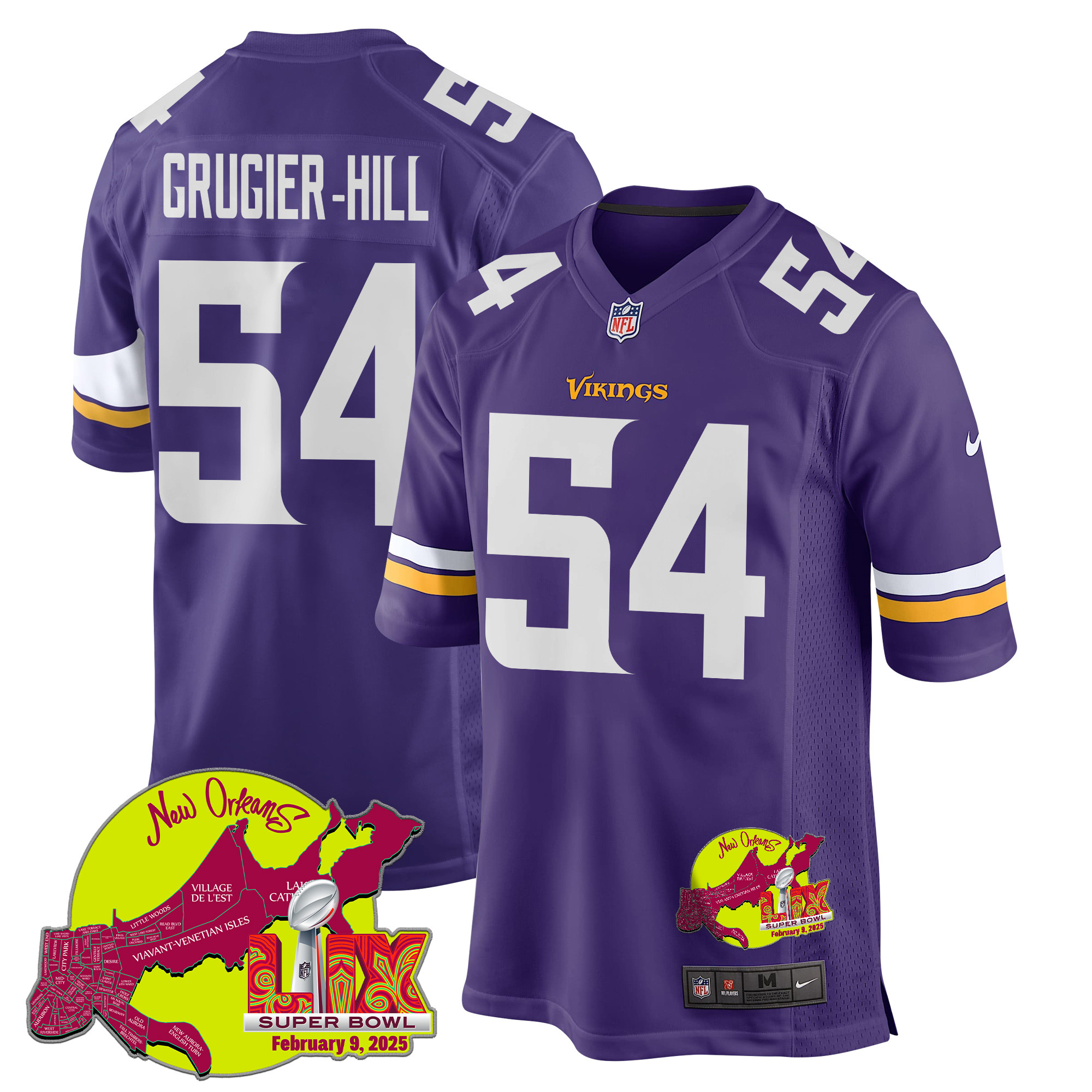 Kamu Grugier-Hill 54 Minnesota Vikings Super Bowl LIX New Orleans Patch Game Purple NFL Jersey Men's