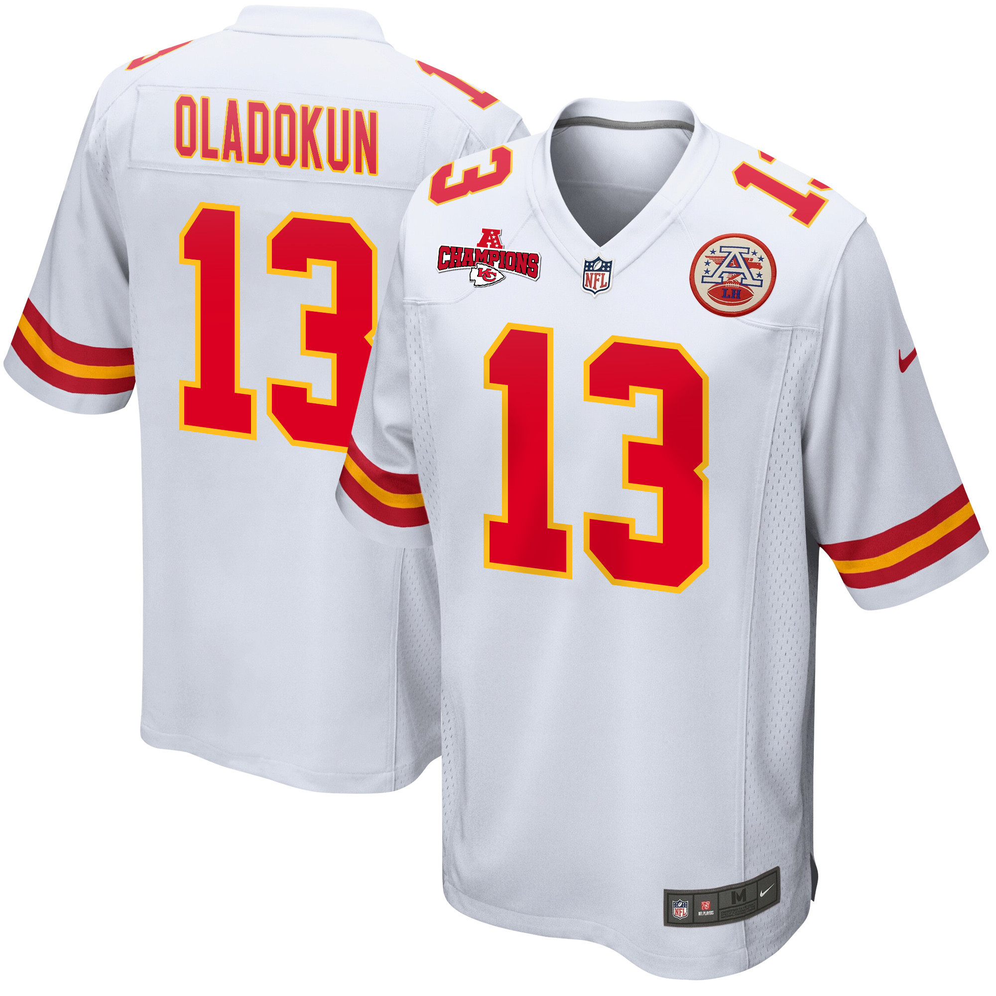 Chris Oladokun 13 Kansas City Chiefs AFC Champions Patch Game White NFL Jersey Men's