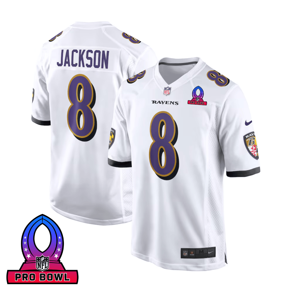Lamar Jackson 8 Baltimore Ravens 2025 Pro Bowl Patch Game White NFL Jersey Men's