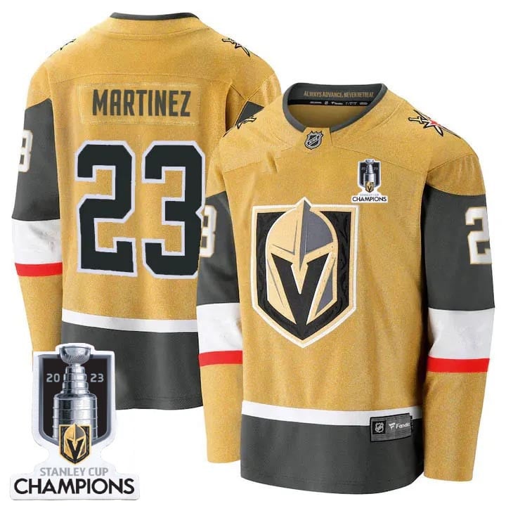 Alec Martinez 23 Vegas Golden Knights 2023 Stanley Cup Champions Patch Breakaway Home Gold NHL Jersey Men's