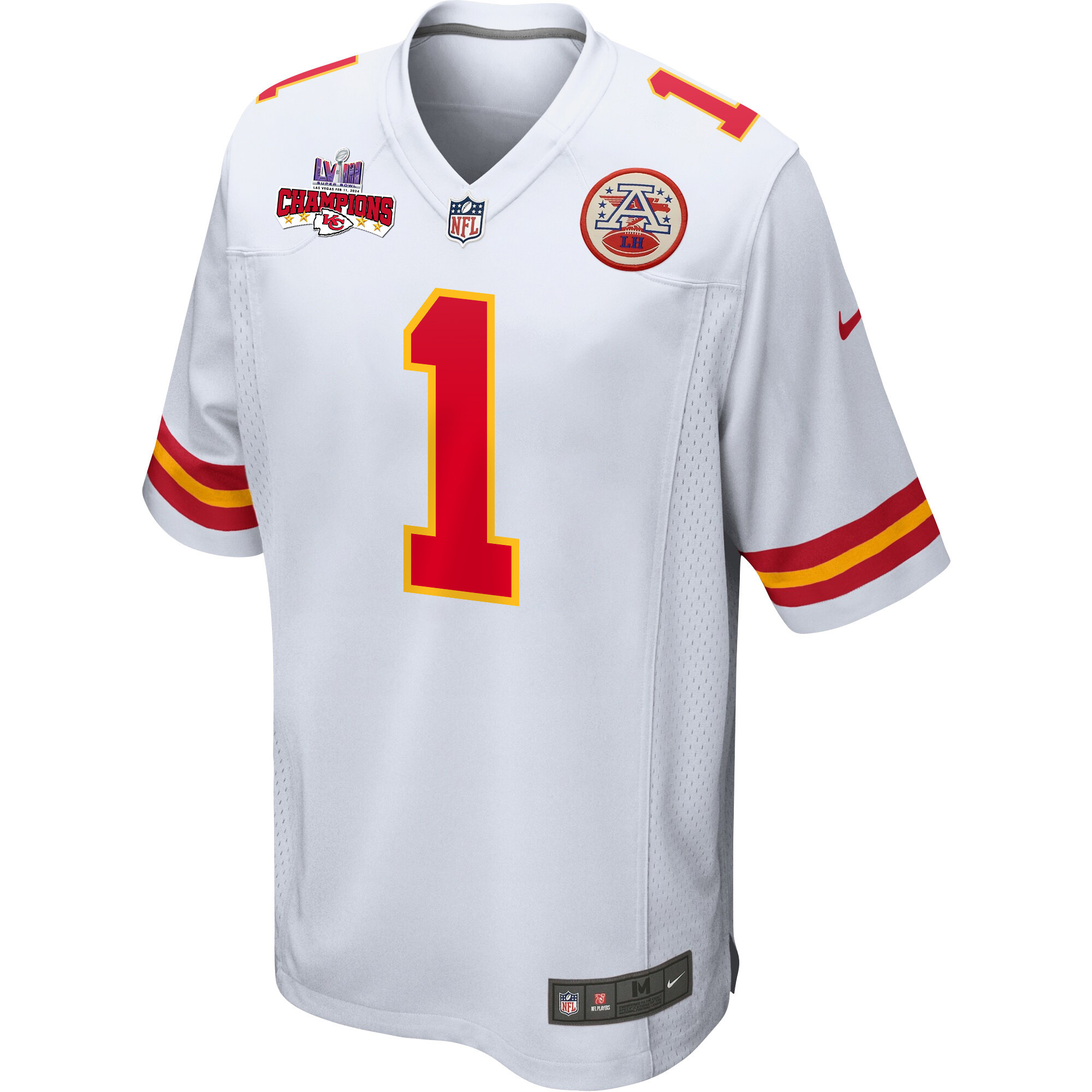 Jerick McKinnon 1 Kansas City Chiefs Super Bowl LVIII Champions 4 Stars Patch Game White NFL Jersey Men's