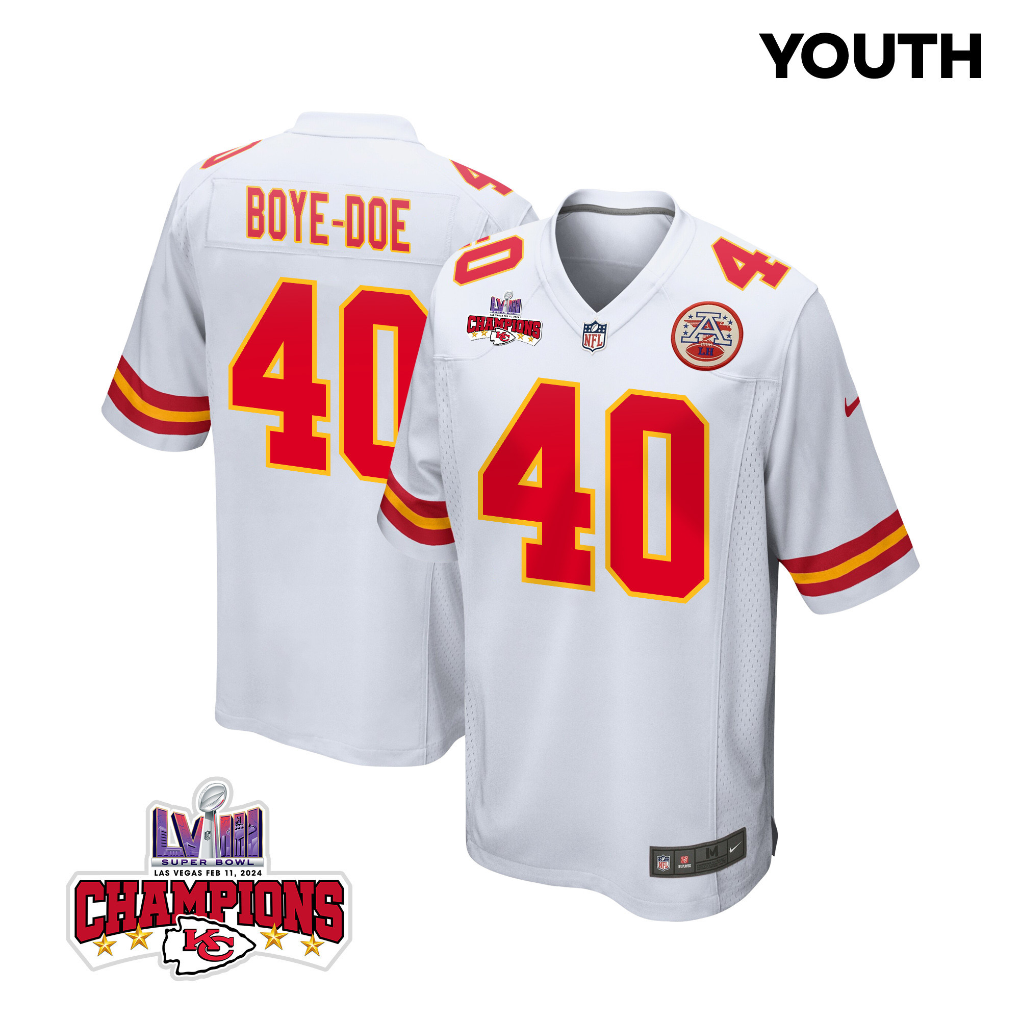 Ekow Boye-Doe 40 Kansas City Chiefs Super Bowl LVIII Champions 4 Stars Patch Game White NFL Jersey Youth