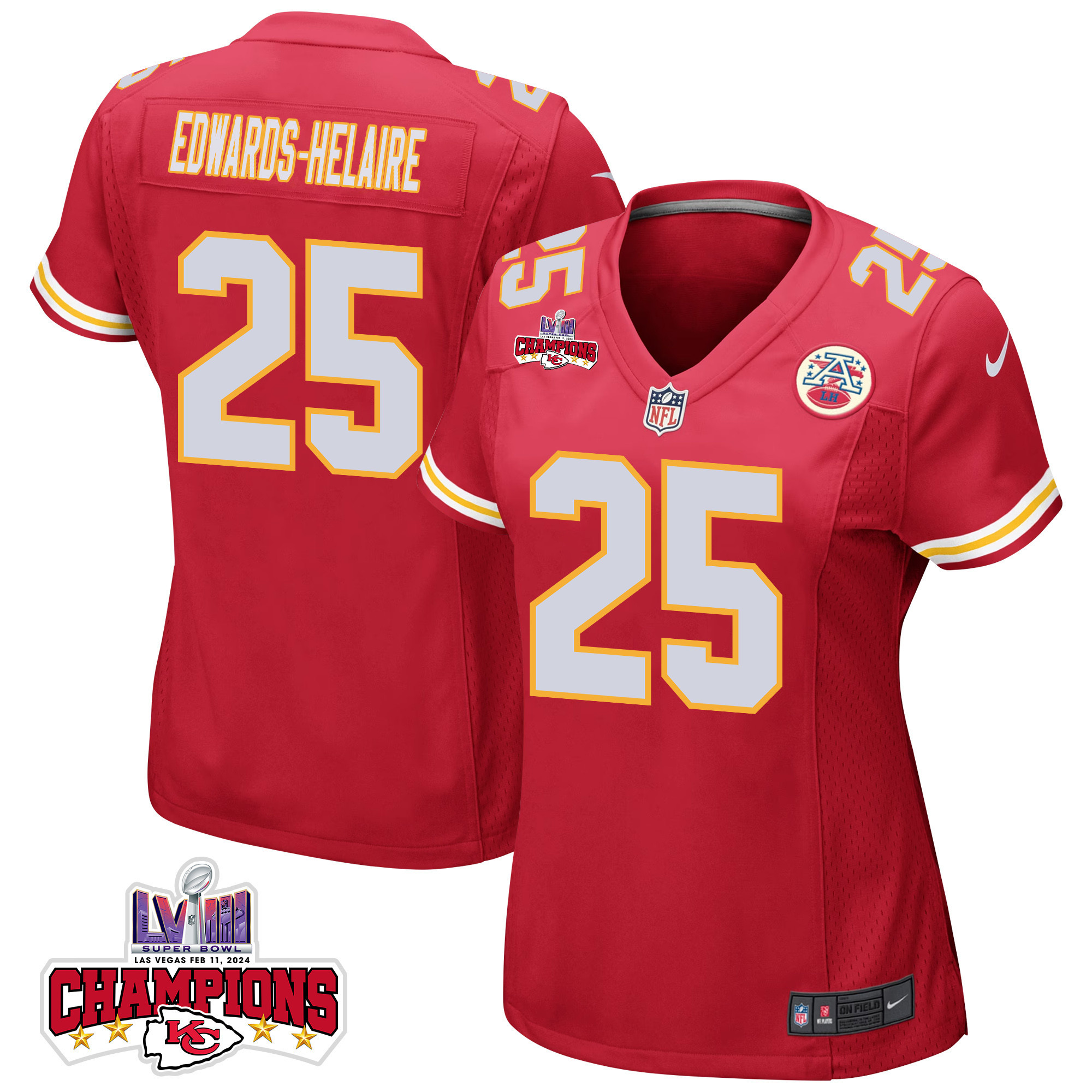 Clyde Edwards-Helaire 25 Kansas City Chiefs Super Bowl LVIII Champions 4 Stars Patch Game Red NFL Jersey Women's
