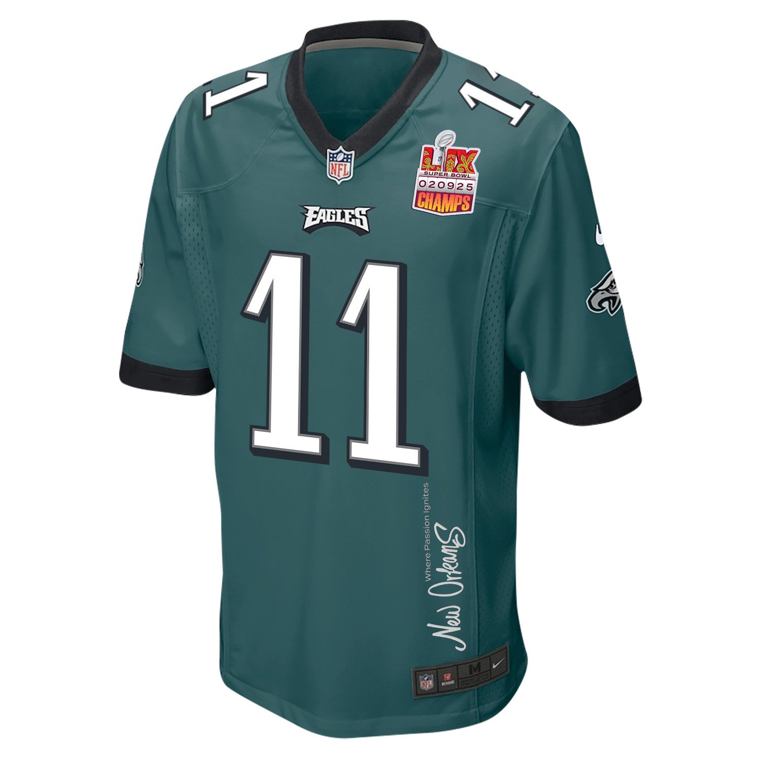 A.J. Brown 11 Philadelphia Eagles Super Bowl LIX Champions Patch New Orleans Where Passion Ignites' EMBROIDERED Game Midnight Green NFL Jersey Men's