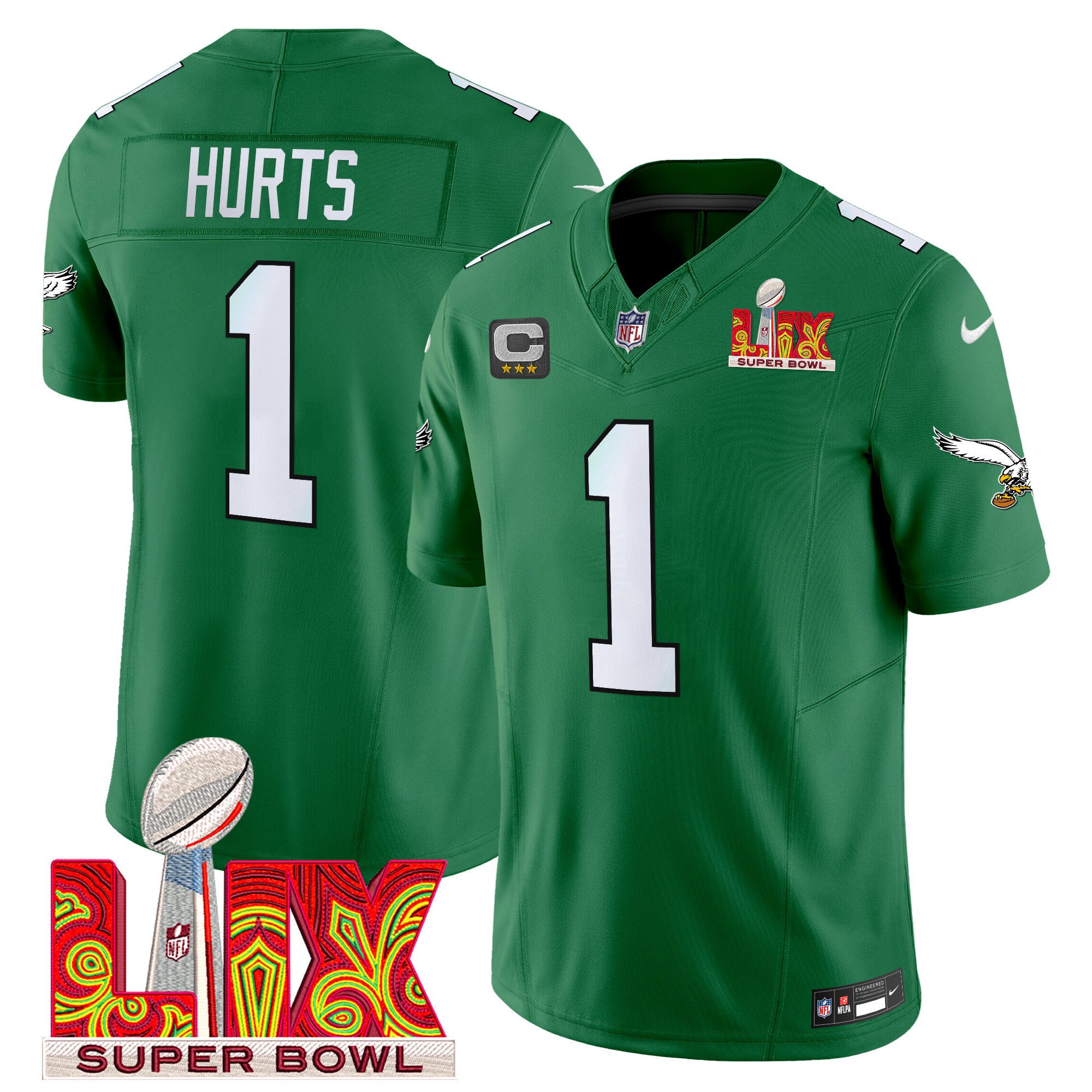 Jalen Hurts 1 Philadelphia Eagles Kelly Green Super Bowl Champions LIX Patch Vapor Limited Kelly Green NFL Jersey Men's