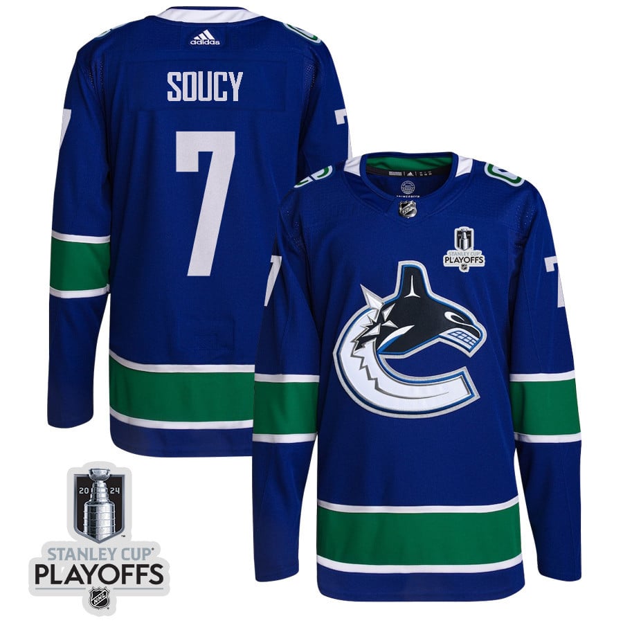 Carson Soucy 7 Vancouver Canucks 2024 Playoffs Patch Home Blue NHL Jersey Men's