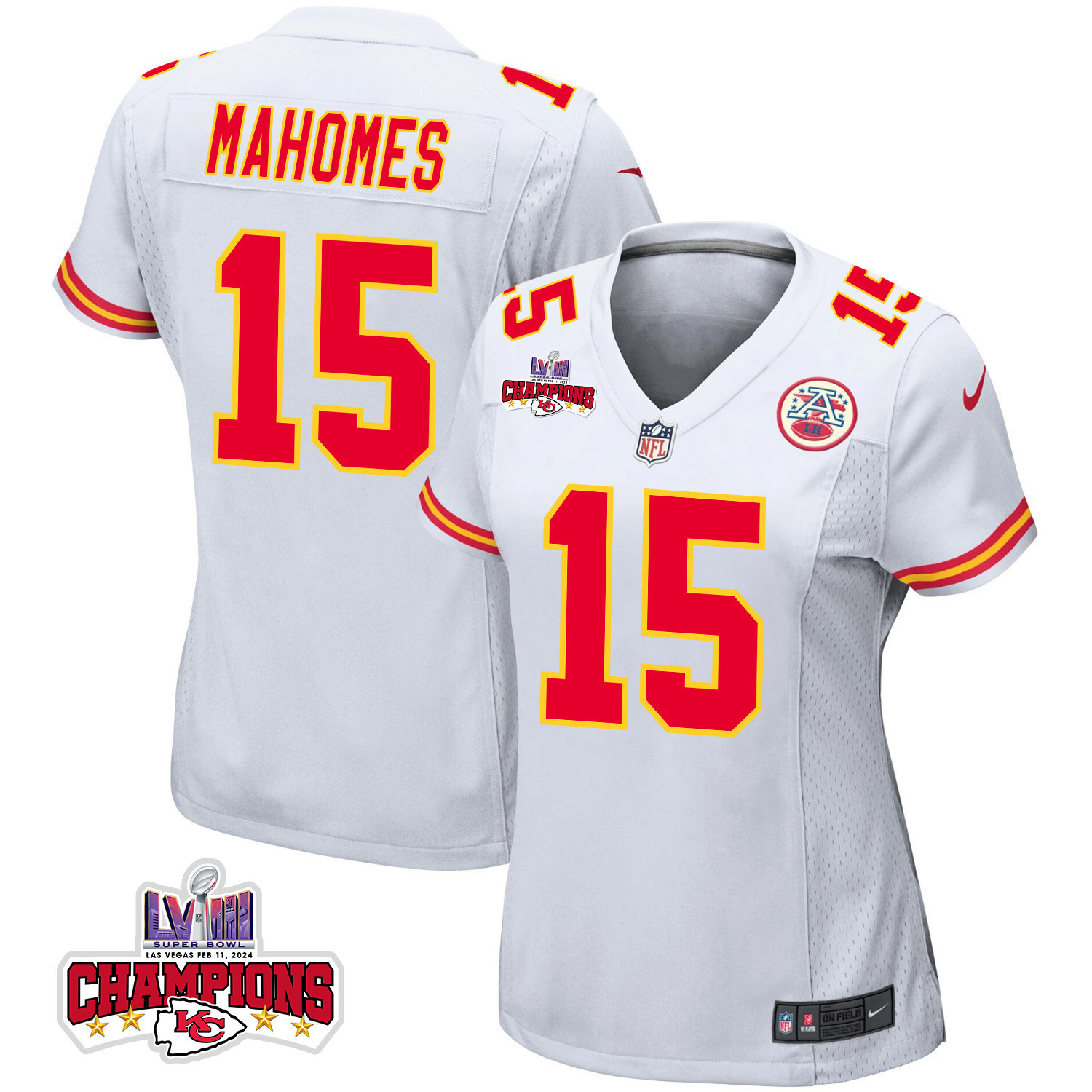 Patrick Mahomes 15 Kansas City Chiefs Super Bowl LVIII Champions 4 Stars Patch Game White NFL Jersey Women's
