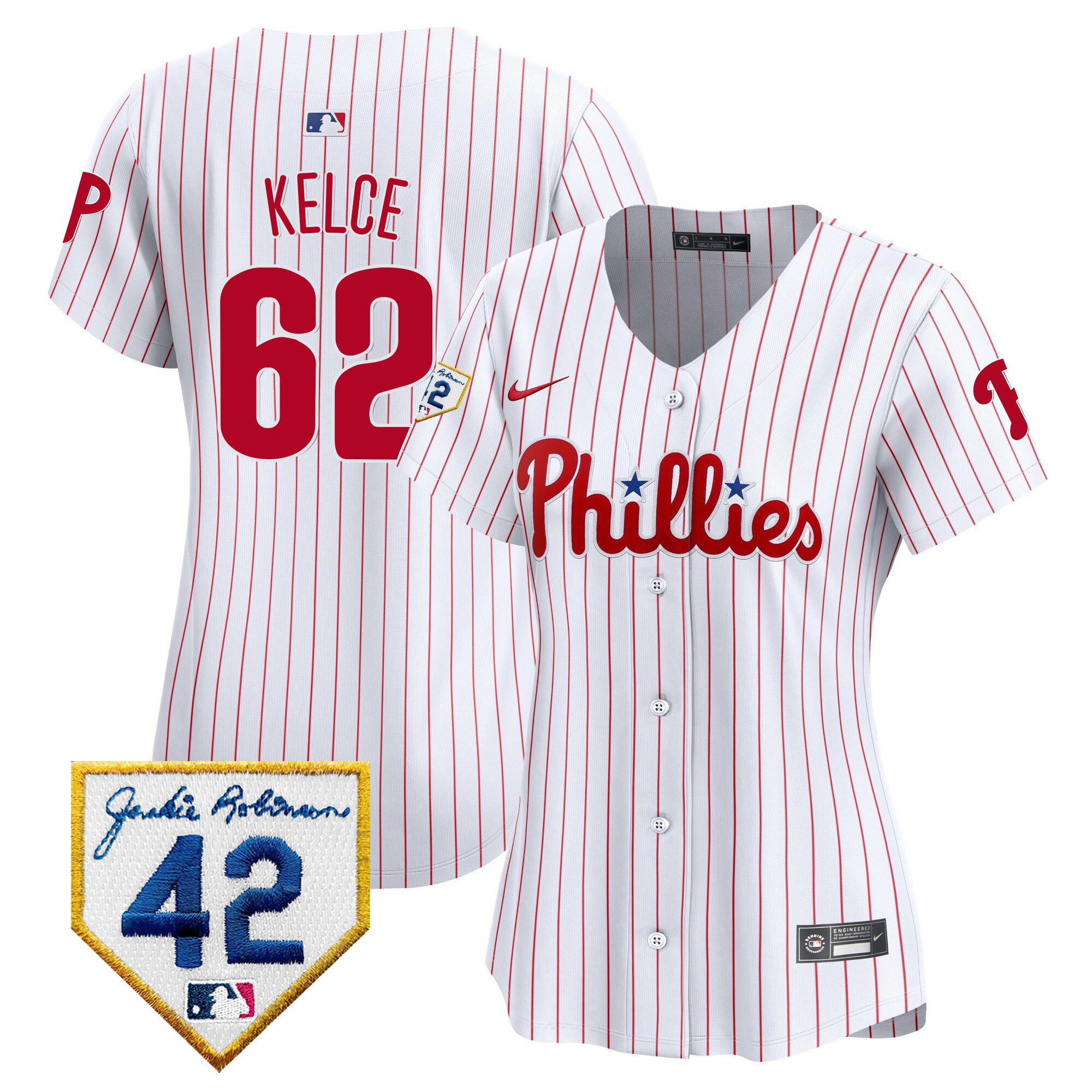 Jason Kelce 62 Philadelphia Phillies 2024 Jackie Robinson Patch White MLB Jersey Women's