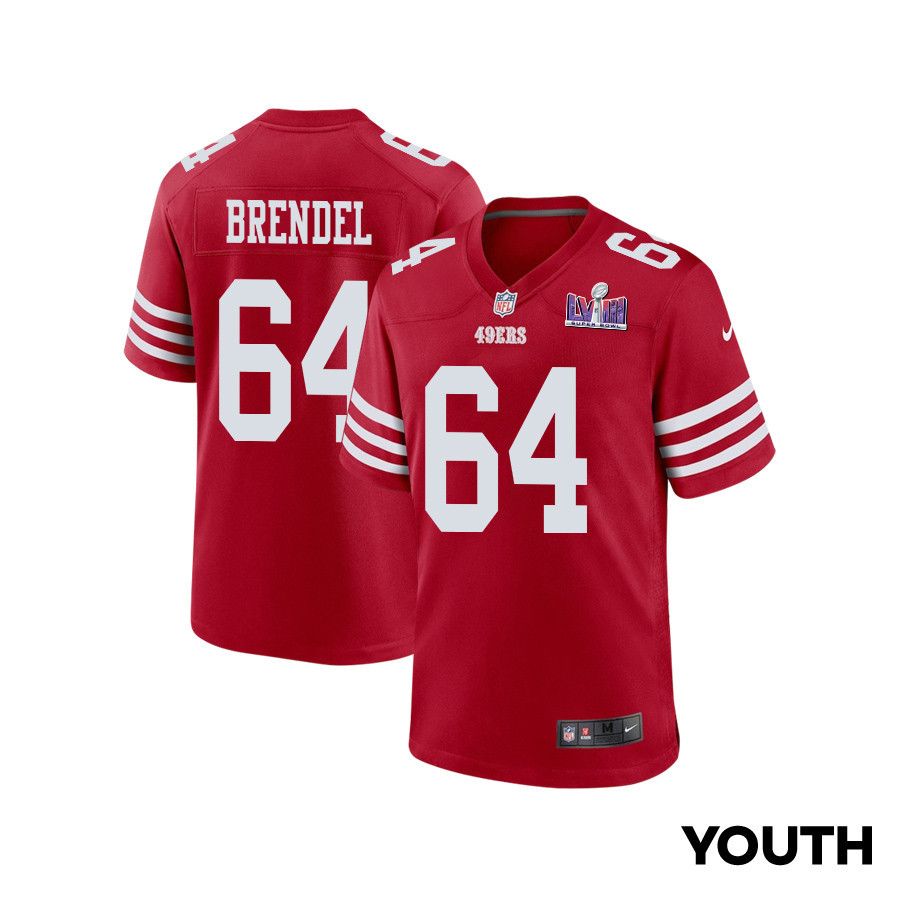 Jake Brendel 64 San Francisco 49ers Super Bowl LVIII Patch Game Scarlet NFL Jersey Youth