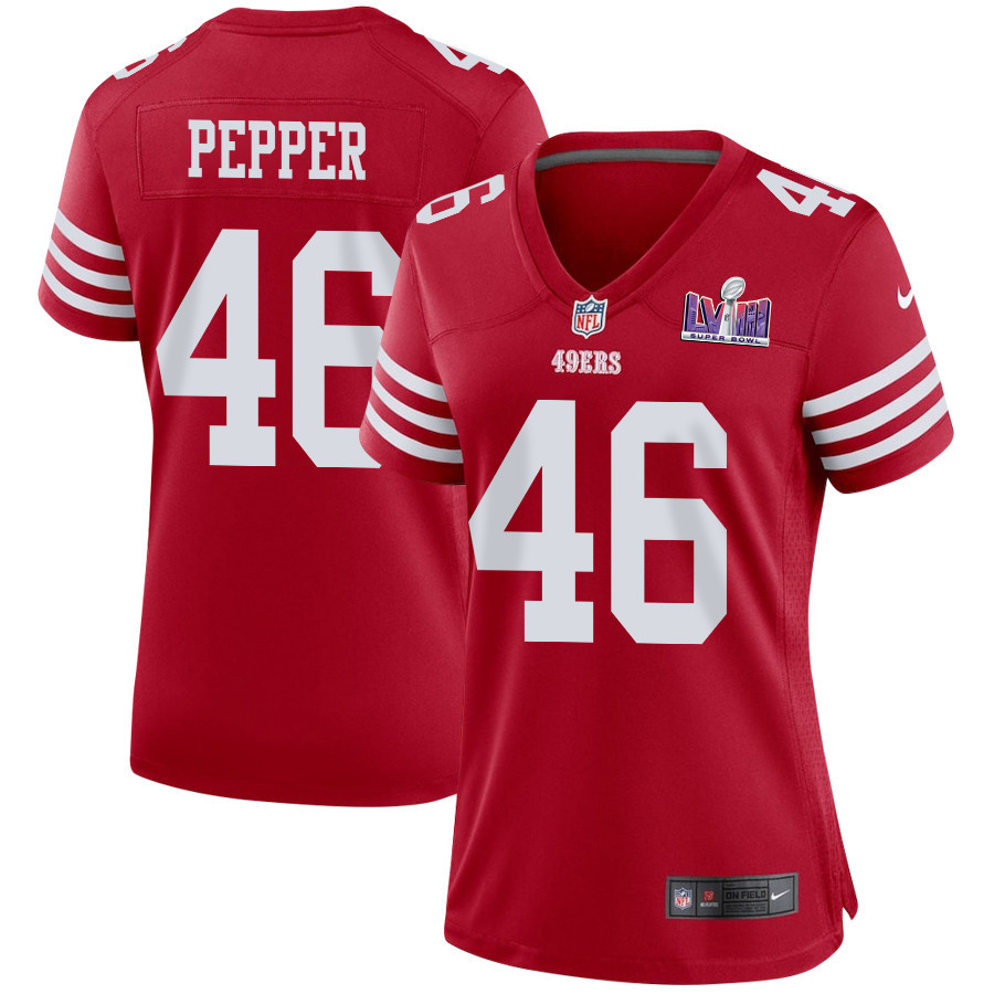 Taybor Pepper 46 San Francisco 49ers Super Bowl LVIII Patch Game Scarlet NFL Jersey Women's